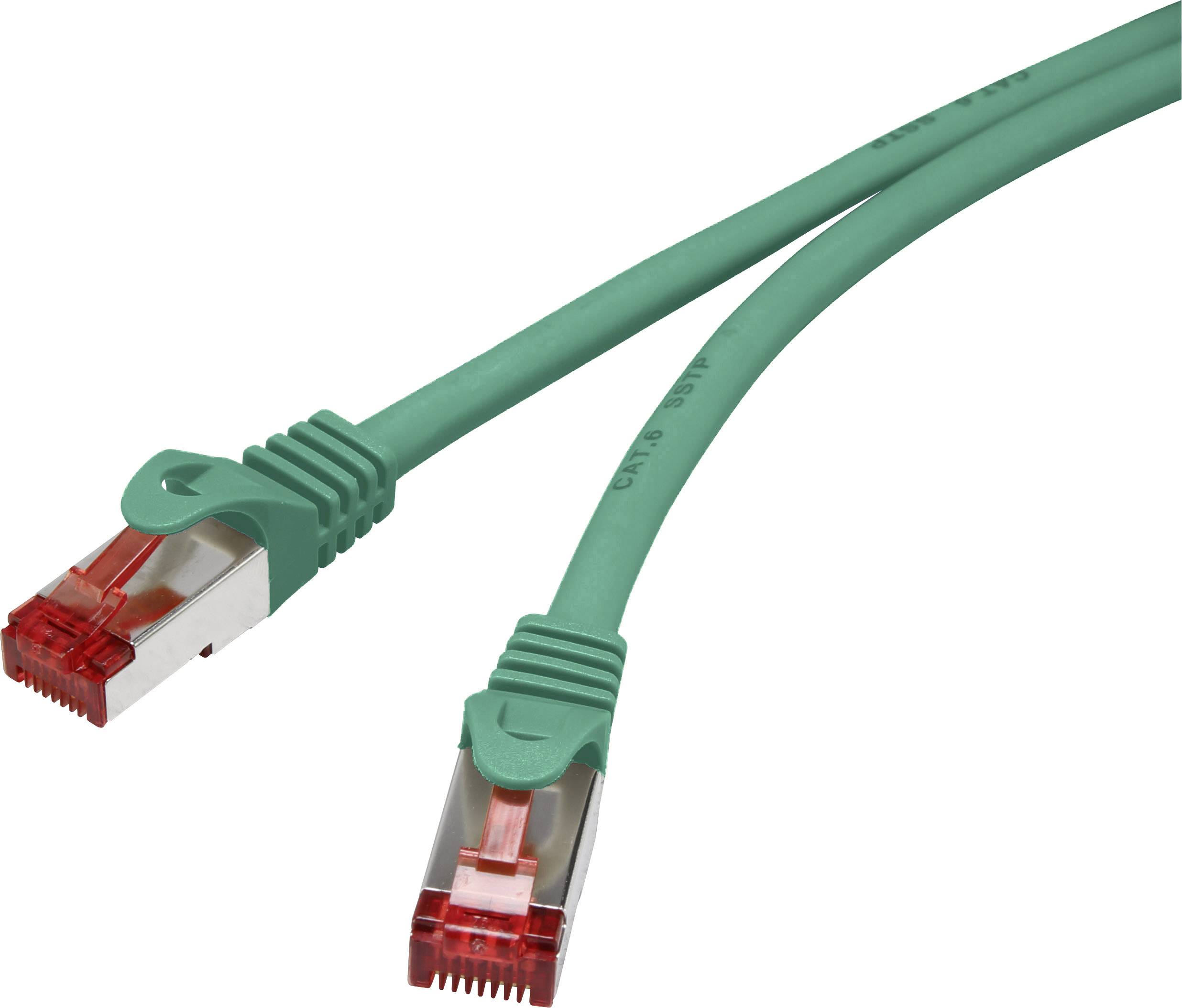 Grünes Netzwerkkabel mit roten Steckern an beiden Enden, oft zum Verbinden von Computern mit einem Router oder Modem verwendet.