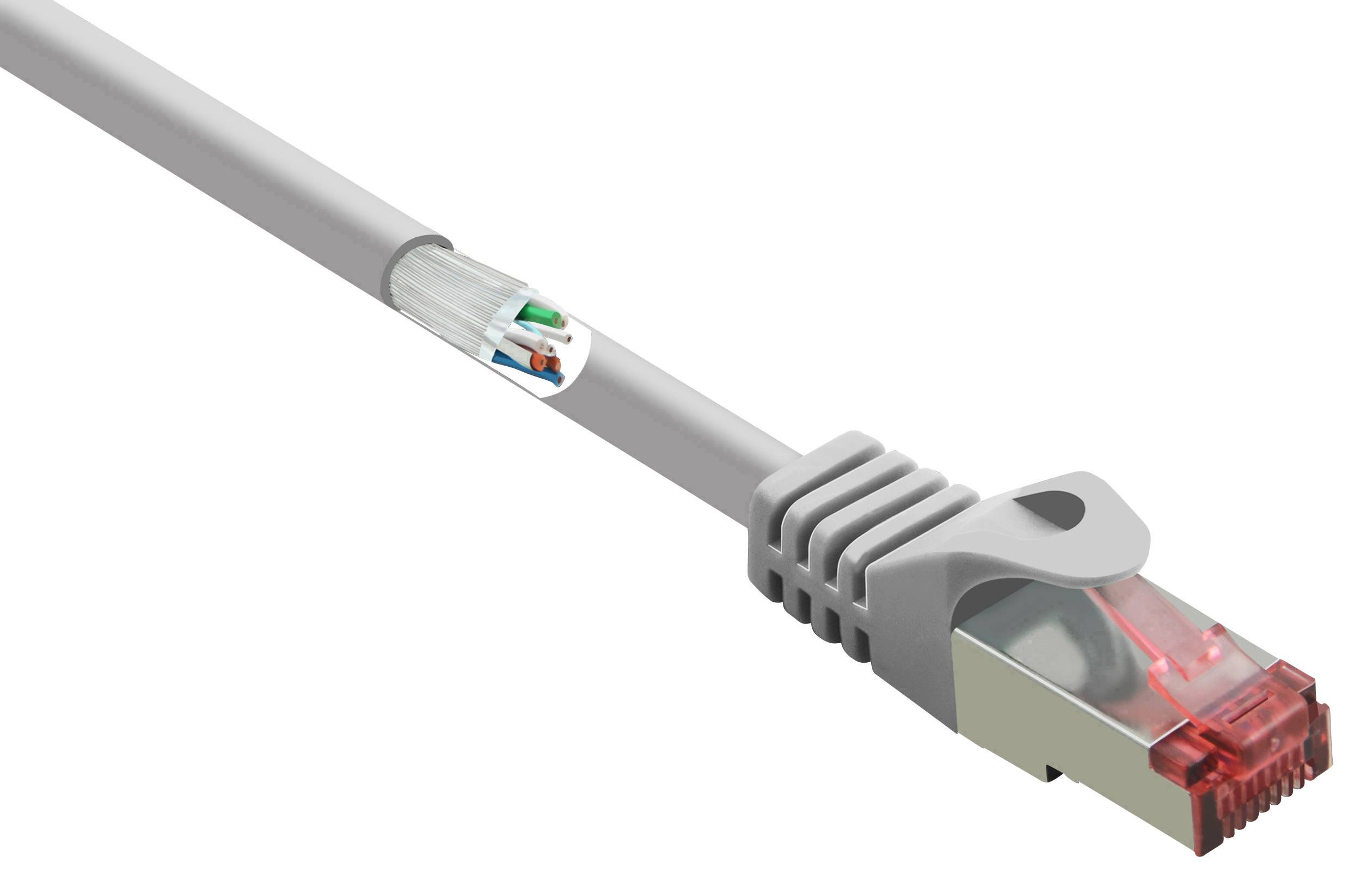 Ein graues Ethernet-Kabel mit rotem Stecker und teilweise sichtbaren Innenadern für Datenübertragung.