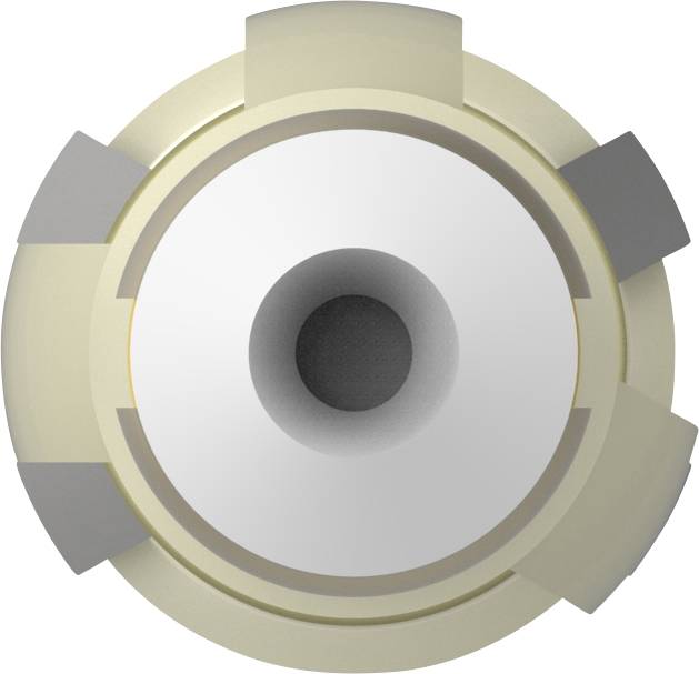 Eine runde Maschine mit mehreren grauen Klingen und einem zentralen dunklen Kreis, die möglicherweise in einem technischen Kontext verwendet wird.