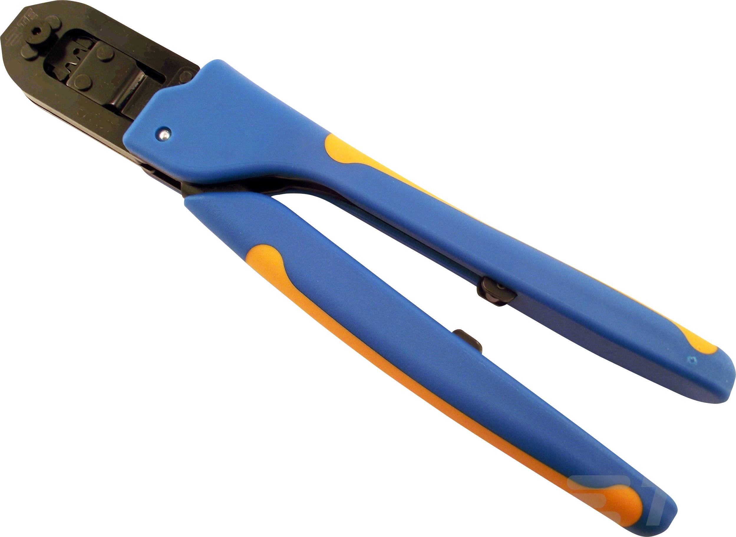 Eine blaue und orange Crimpzange, die zum Verbinden von Kabeln und Steckern verwendet wird.