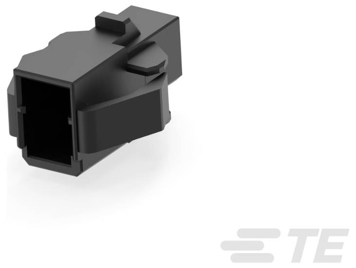 Ein schwarzes, rechteckiges Steckverbinderelement mit mehreren Nuten und Rippen. Das Logo „TE