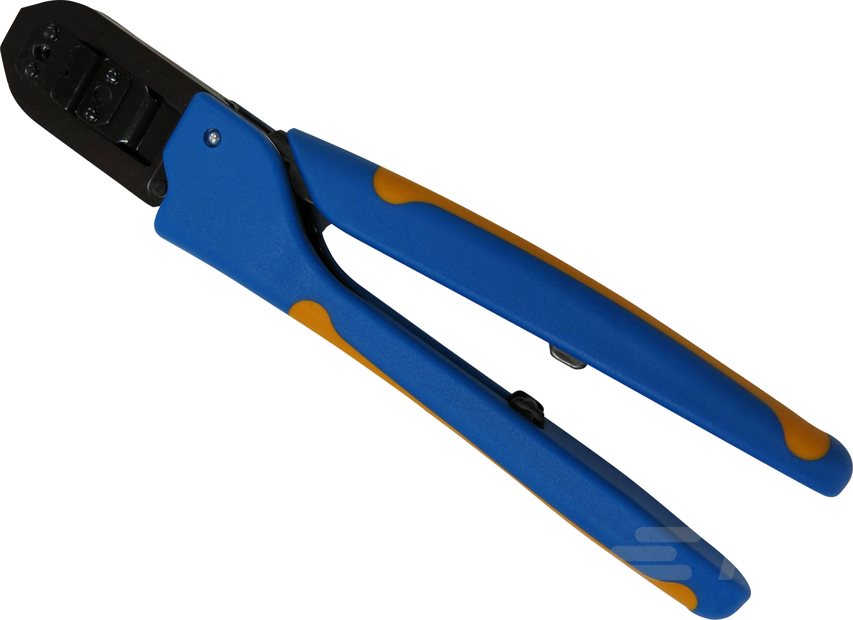 Crimpzange mit blauen und orangefarbenen Griffen, zum Verbinden von Kabeln und Steckverbindern.