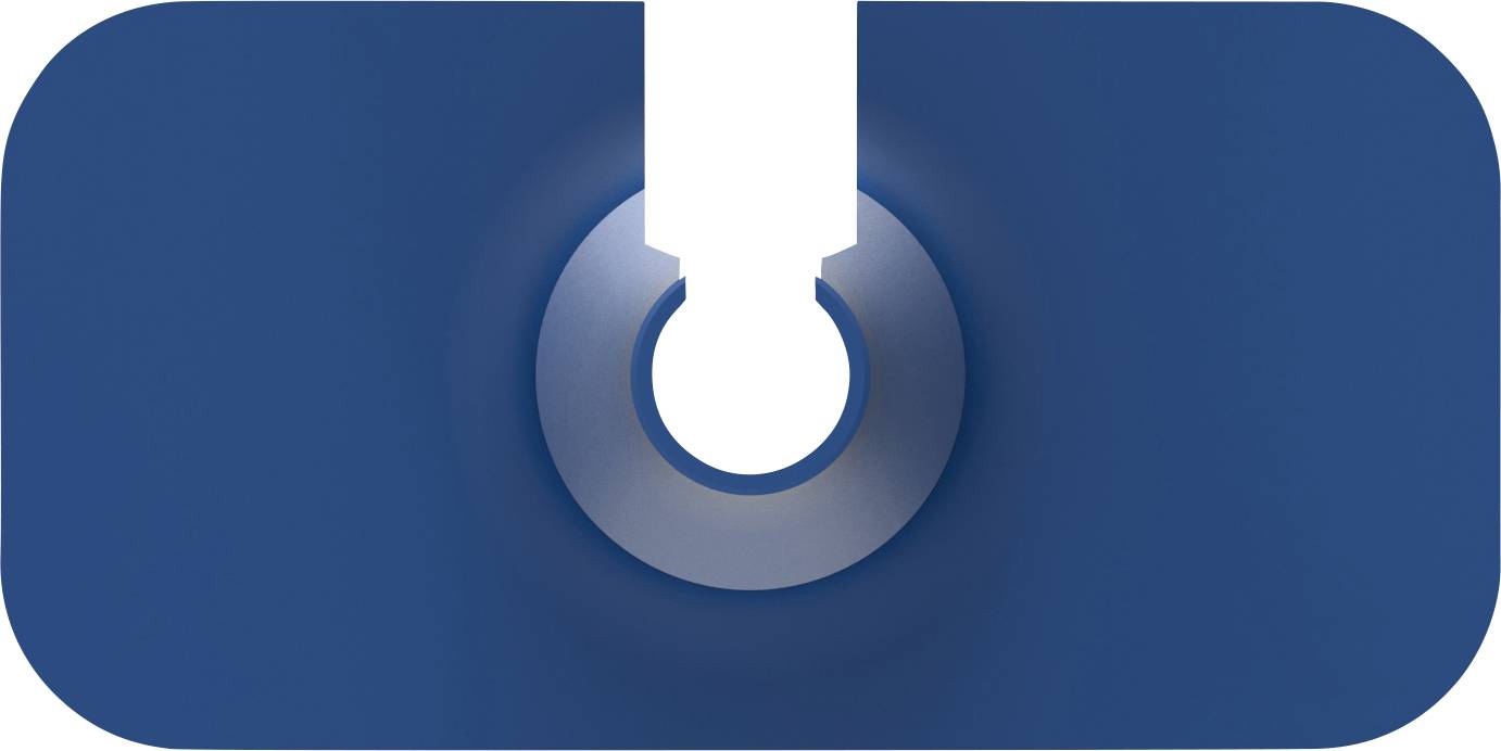 Blaues Rechteck mit abgerundeten Ecken; mittig ein großer, gewölbter silberner Ring mit einem ausgesparten, weißen Rechteck oben.