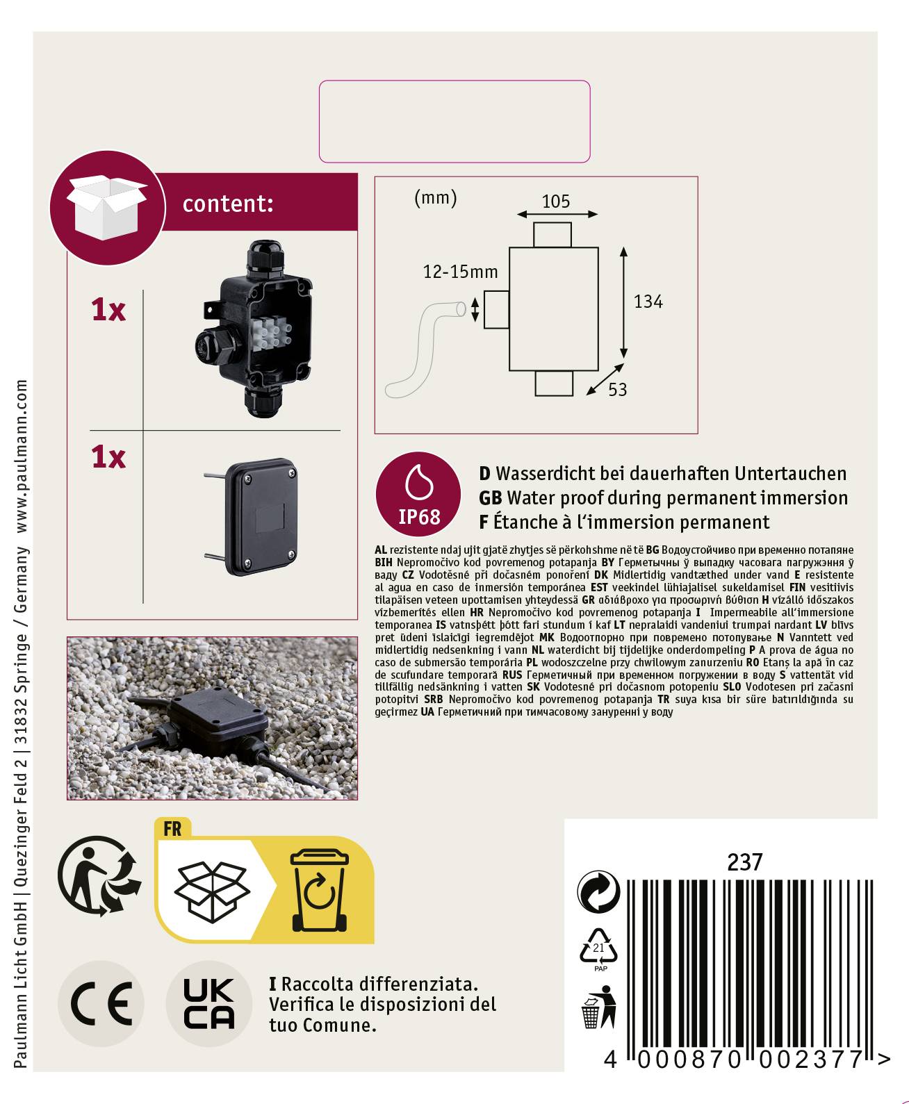 Inhalt: 1x Ventil, 1x Sensor, 1x Abdeckung. IP68 wasserfest. Diagramm zeigt Ventilmaße. Gebrauchsanweisung und Etiketten mit Symbolen unten.
