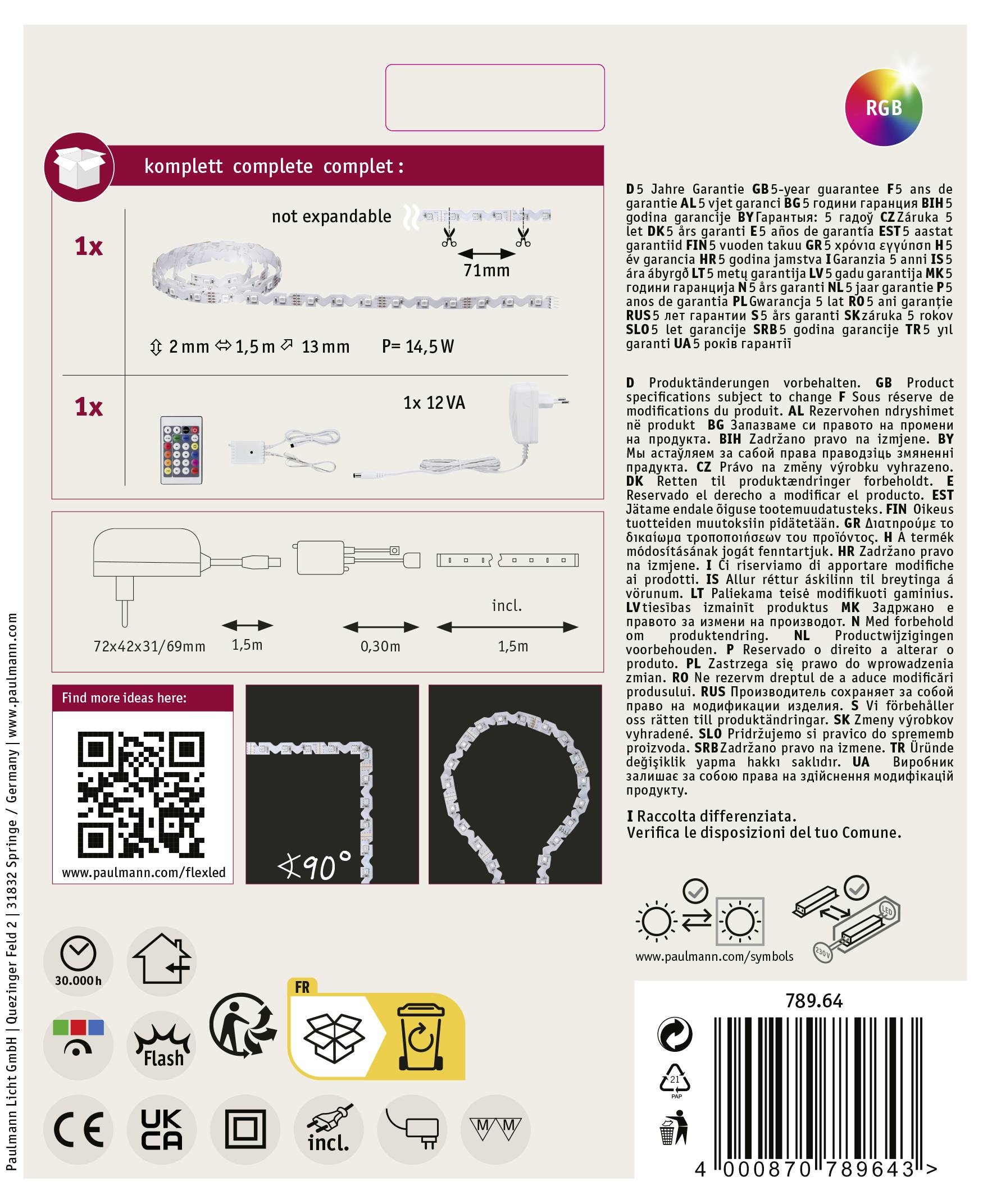 Paulmann FlexLED 3D 78964 LED-Streifen-Basisset mit Stecker 12V 1.5m RGB 1St.