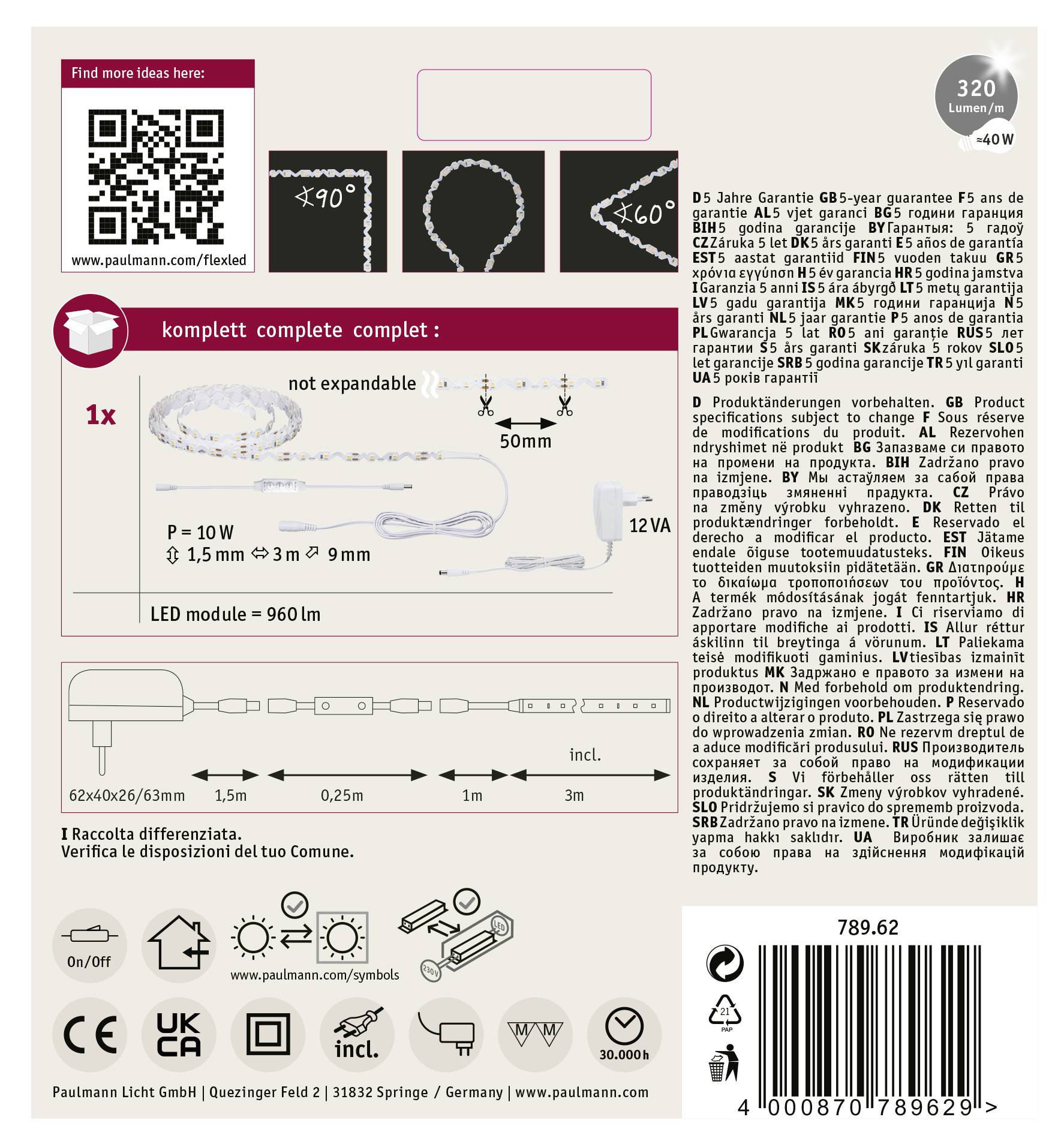 LED Light Strip Set: Enthält 1 LED-Modul mit 960 lm, 1 Netzteil. Länge 50 mm. QR-Code und Montageanleitung. Hinweistext in mehreren Sprachen.