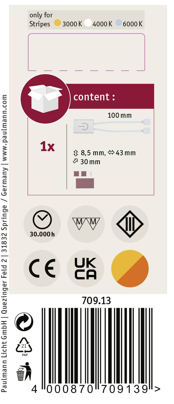Paulmann 70913 Touch Switch 60 W (max) 12 V (max.) 12 V Kunststoff (B x H x T) 43 x 8.5 x 30 mm 1 St.
