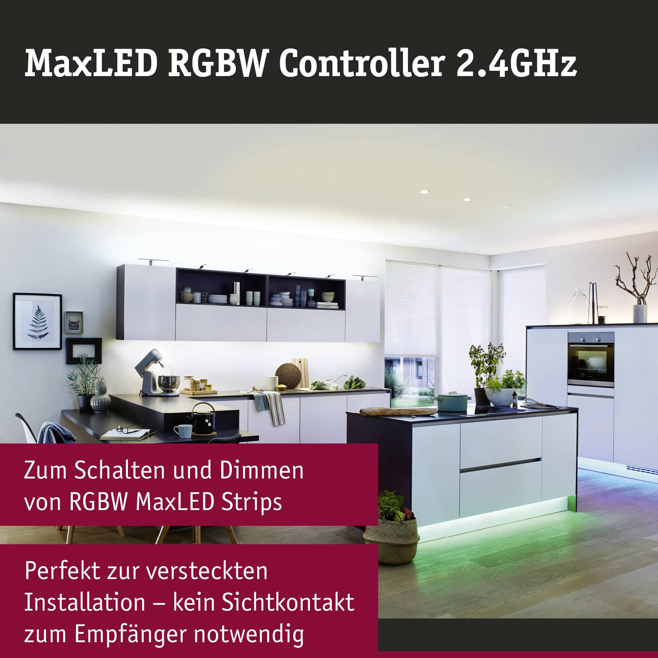 Ein modernes Wohnzimmer mit Küche, beleuchtet von LED-Streifen. Beschriftung: 'Zum Schalten und Dimmen von Perfekt-Lichtleisten.'