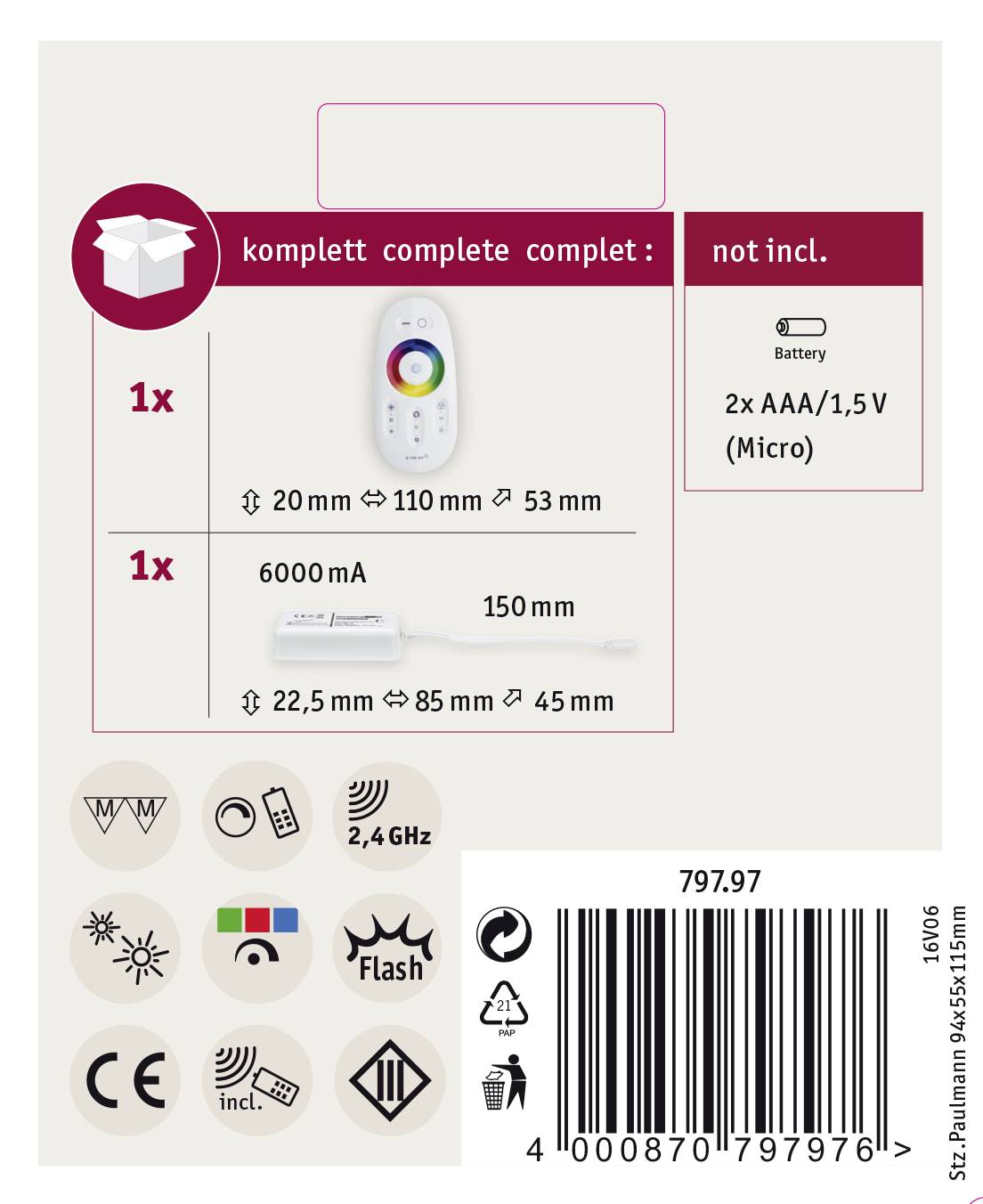 Packungsrückseite mit Abbildungen: Fernbedienung und 2x AAA-Batterien, nicht enthalten. Maße und Symbole für Funktionen dargestellt. Strichcode unten.