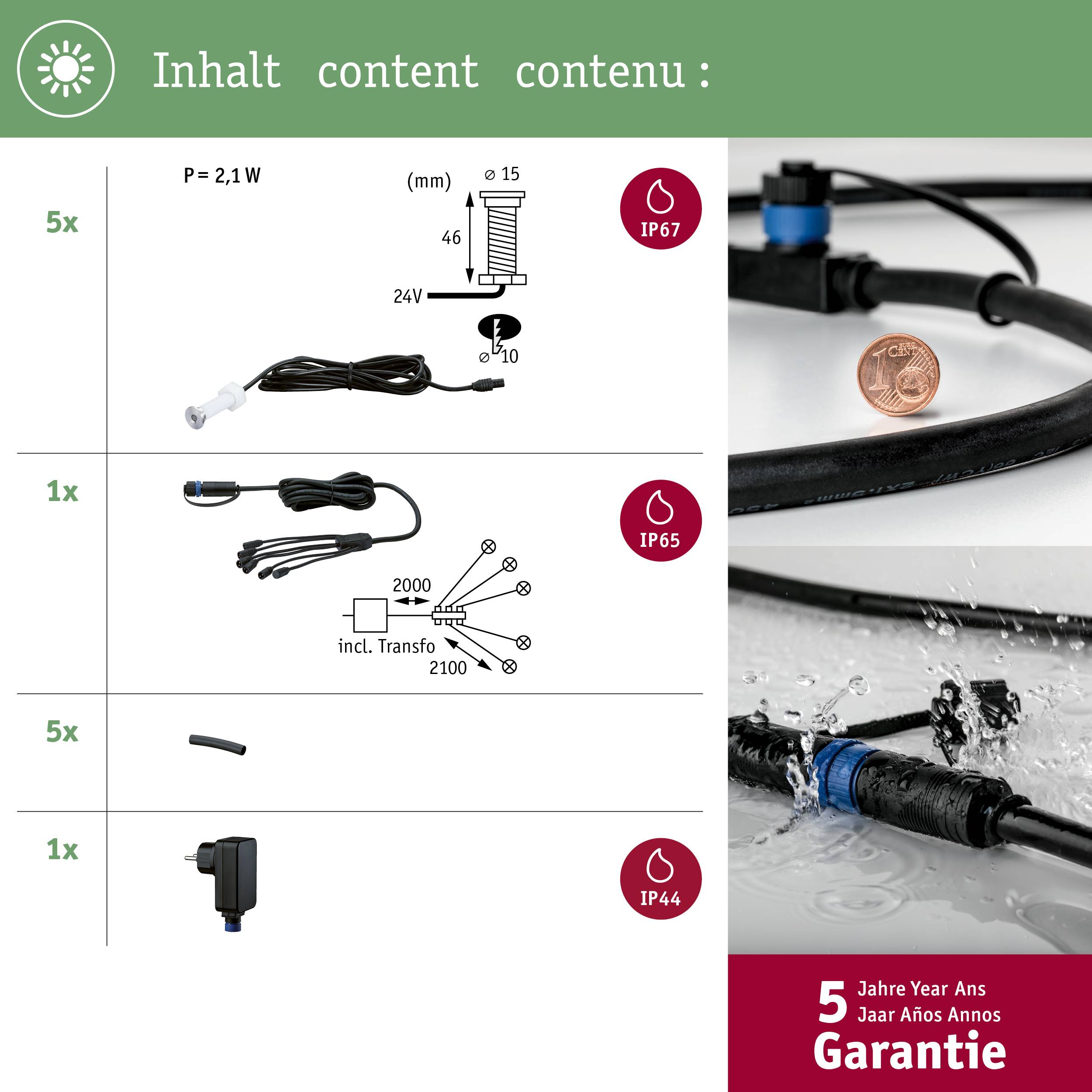 Abbildung zeigt den Inhalt eines Pakets: verschiedene Kabel, ein Netzteil, Zubehör und Garantieinformationen.