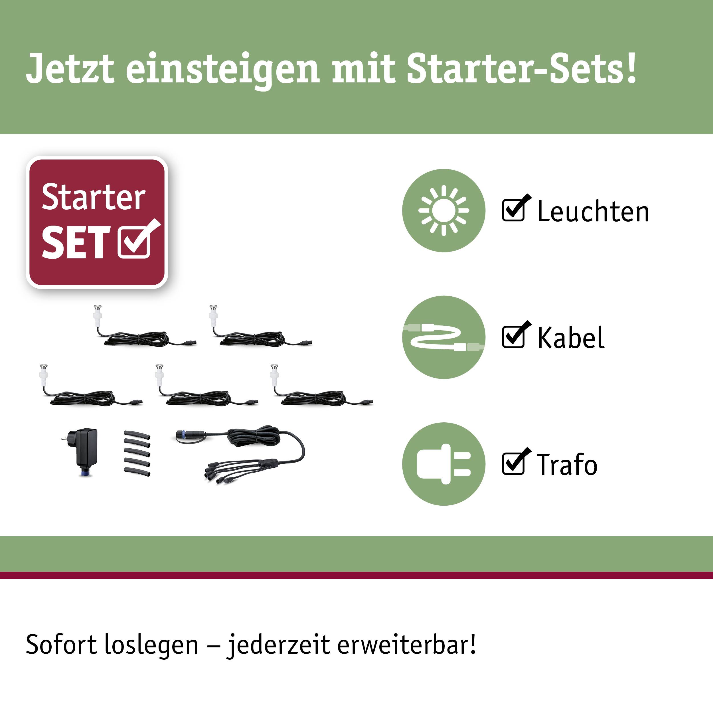 Starter-Sets zum Einsteigen: Enthält Leuchten, Kabel, und Trafo. Sofort einsatzbereit und jederzeit erweiterbar!