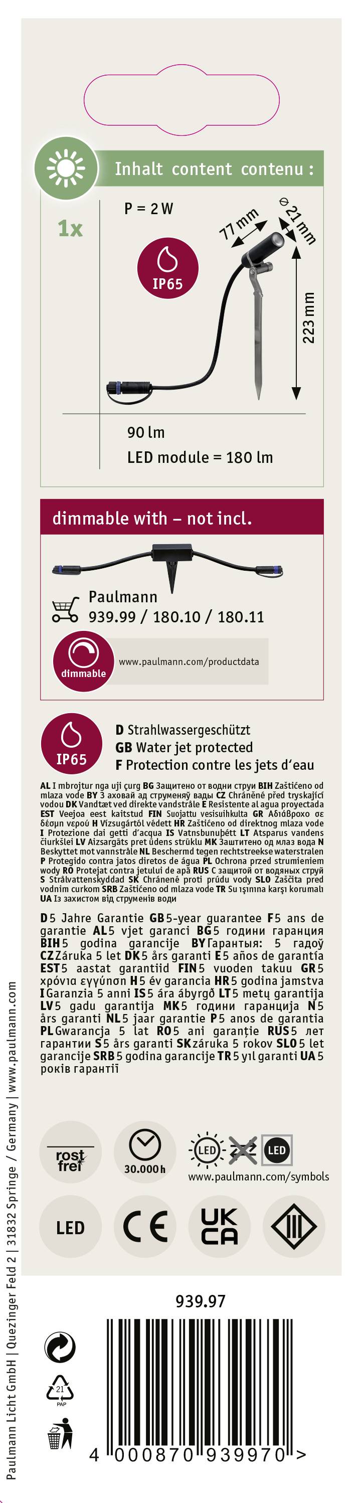 Paulmann Plantini 93997 Beleuchtungssystem Plug & Shine LED-Gartenstrahler LED 2.5W Warmweiß