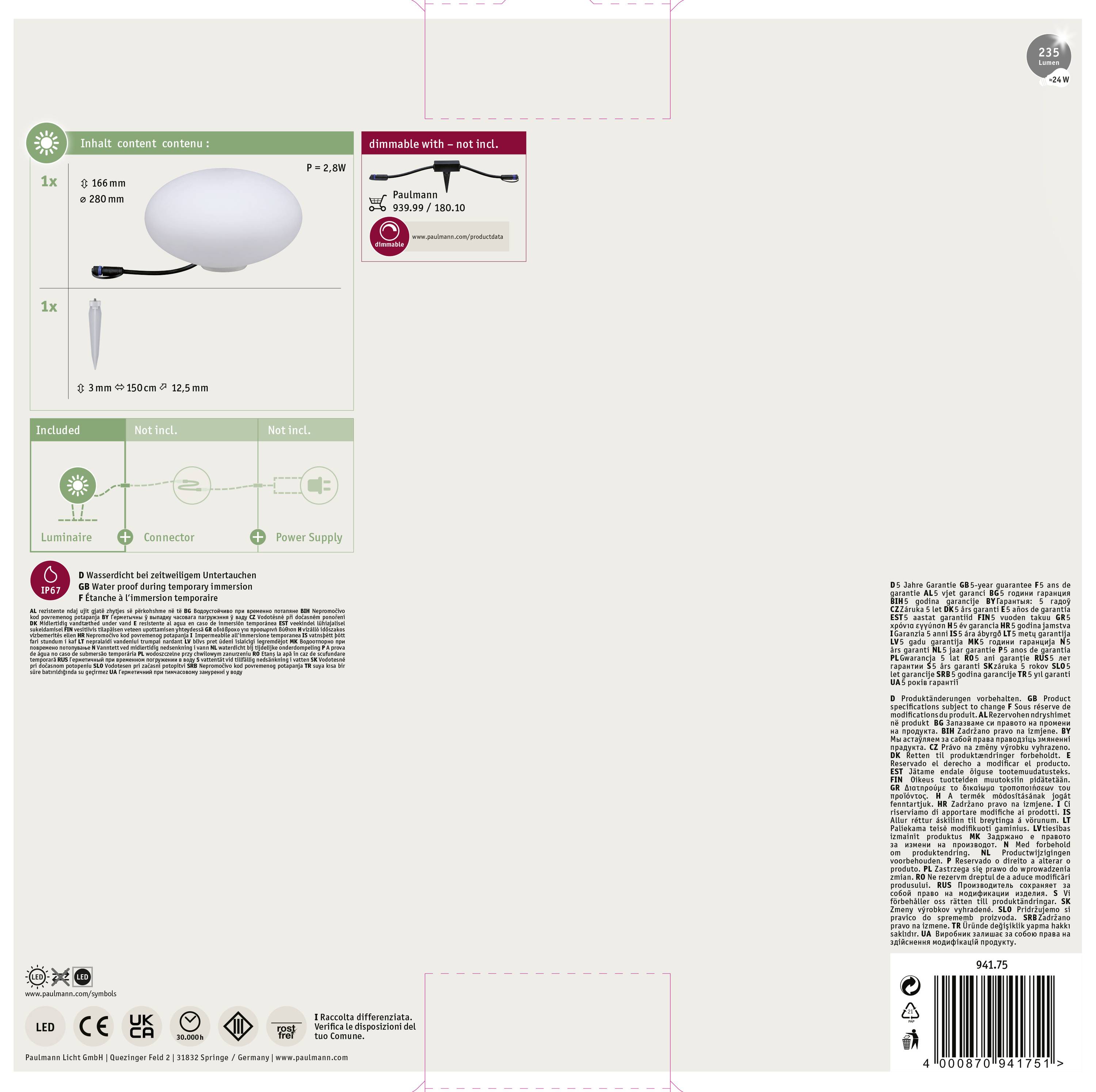 Paulmann Stone 94175 Beleuchtungssystem Plug & Shine LED-Dekoleuchte LED 2.8W Warmweiß Weiß