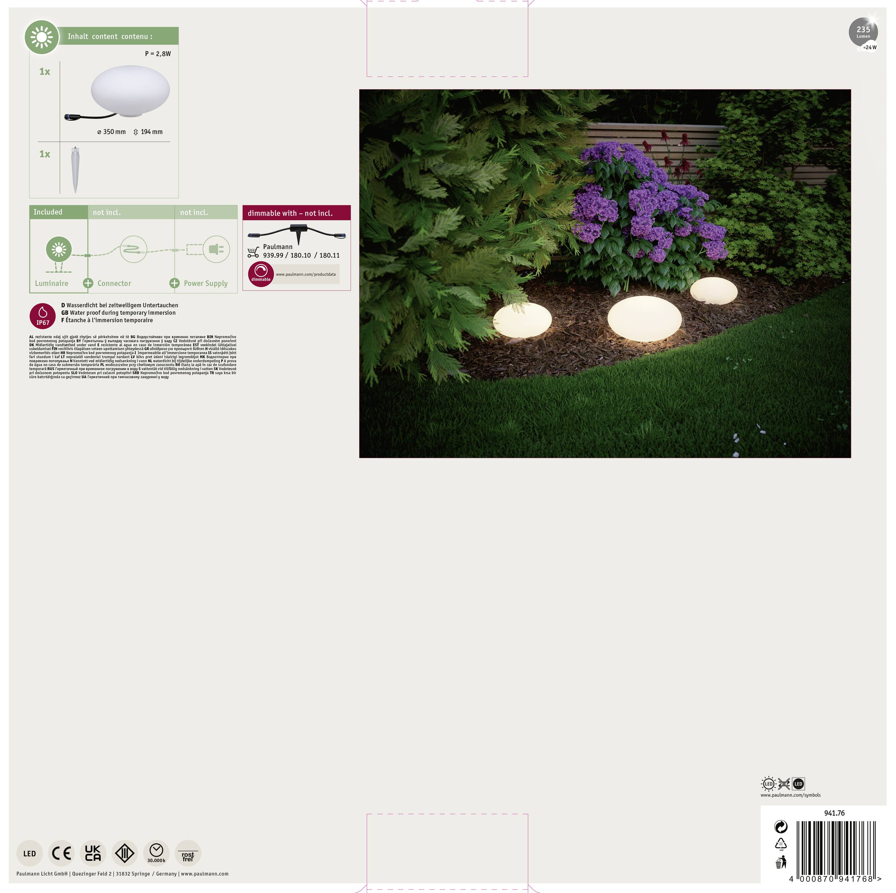 Paulmann Stone 94176 Beleuchtungssystem Plug & Shine LED-Dekoleuchte LED 2.8W Warmweiß Weiß