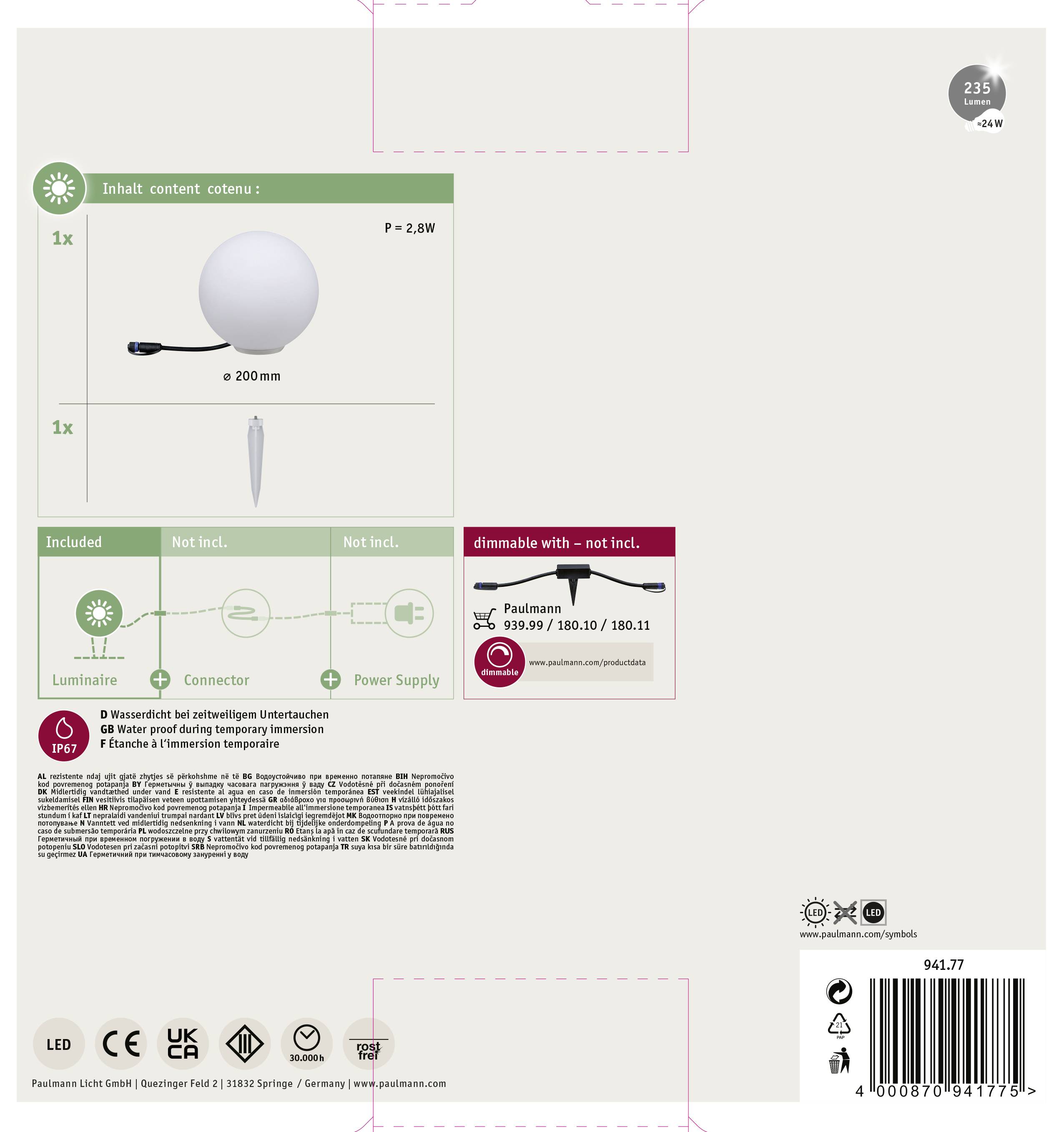 Paulmann 94177 Beleuchtungssystem Plug & Shine LED-Dekoleuchte LED 2.8W Warmweiß Weiß