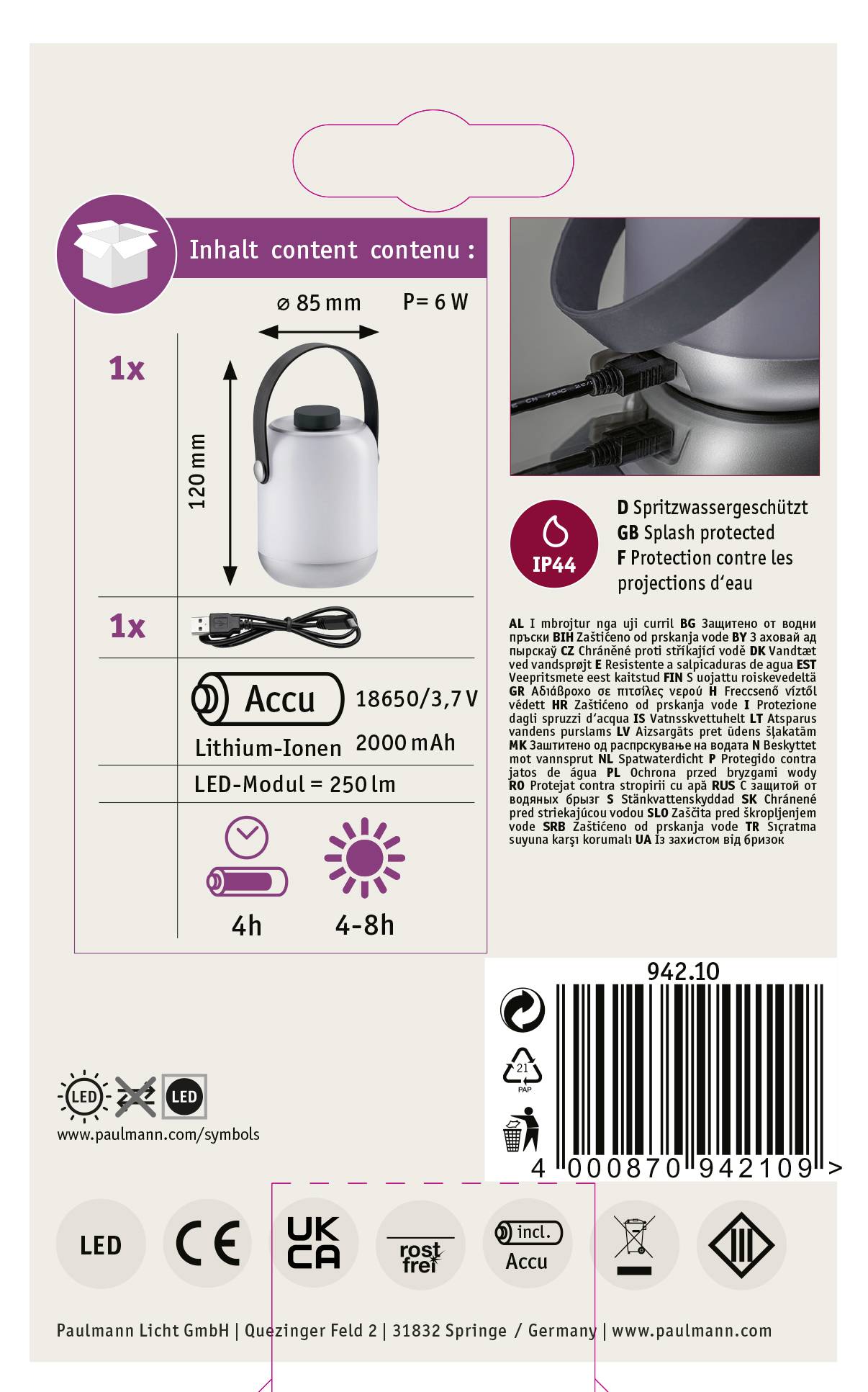 Paulmann 94210 Clutch LED-Außentischlampe 1.6W Warmweiß Grau