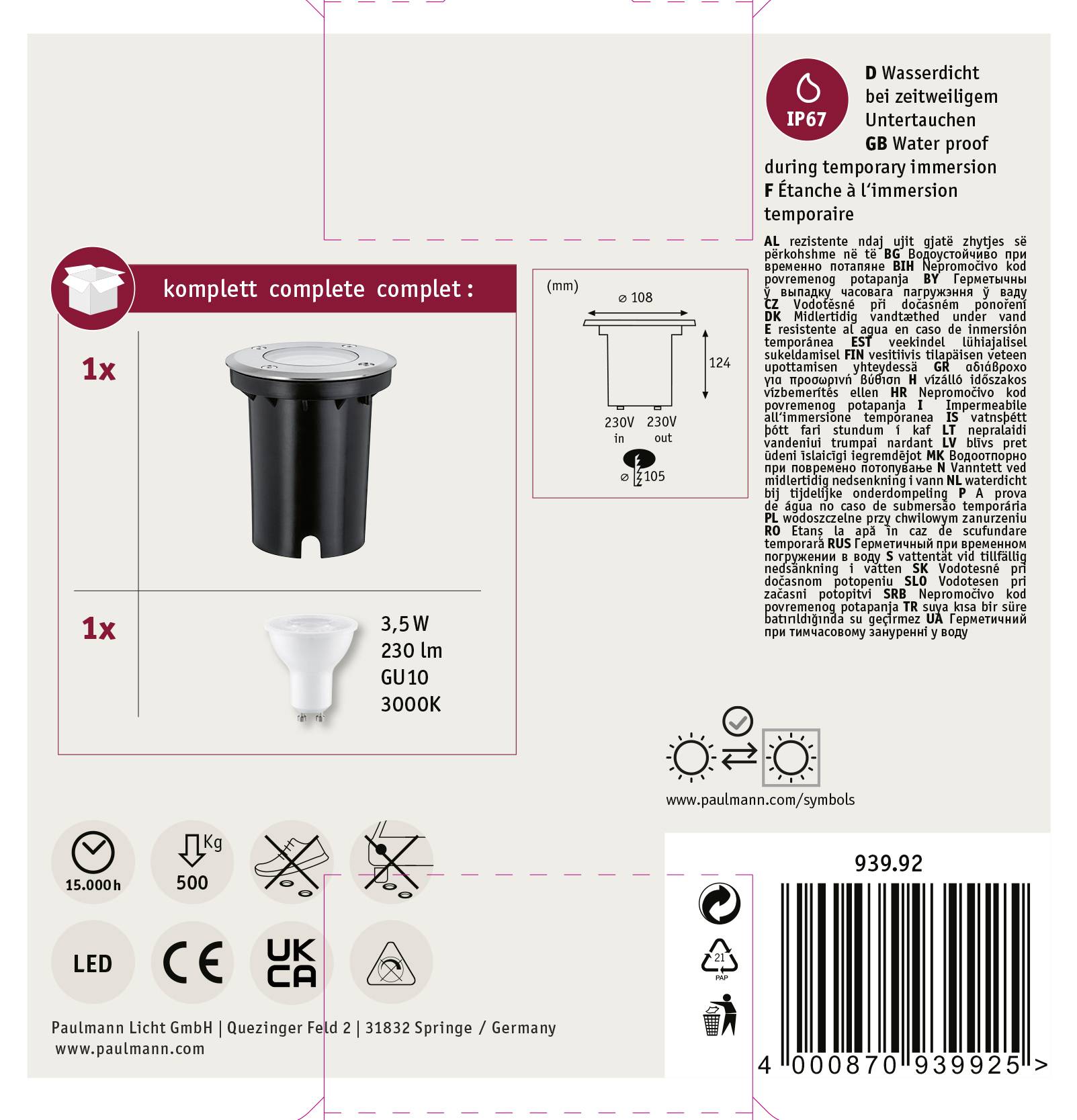 Paulmann 93992 Außeneinbauleuchte GU10 LED G (A - G) 3.5W Edelstahl