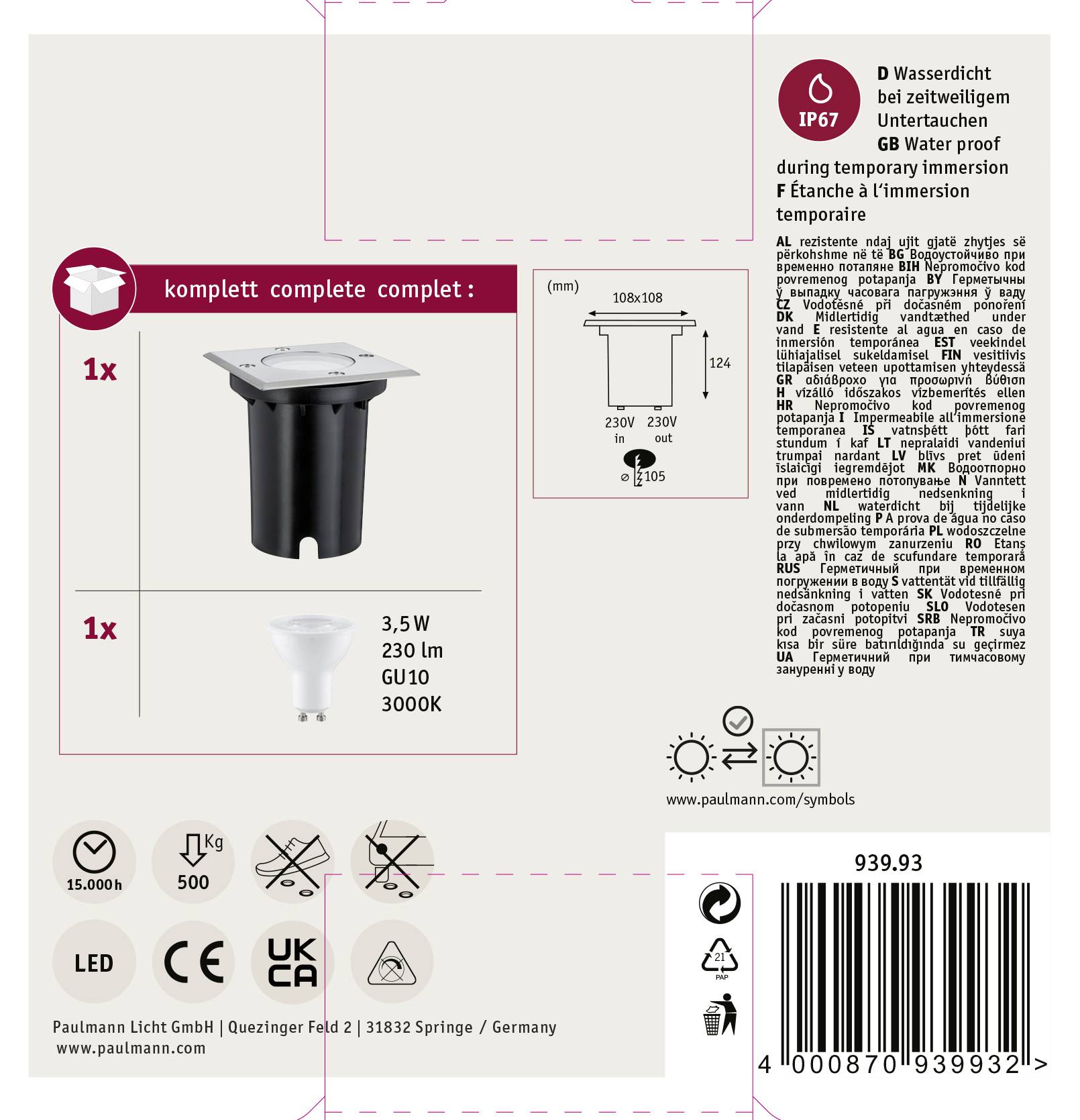 Paulmann 93993 Außeneinbauleuchte GU10 LED 3.5W Edelstahl