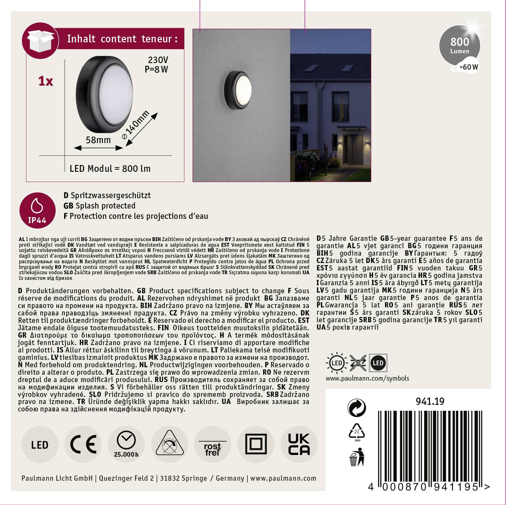 Paulmann 94119 LED-Außenwandleuchte 8W Anthrazit