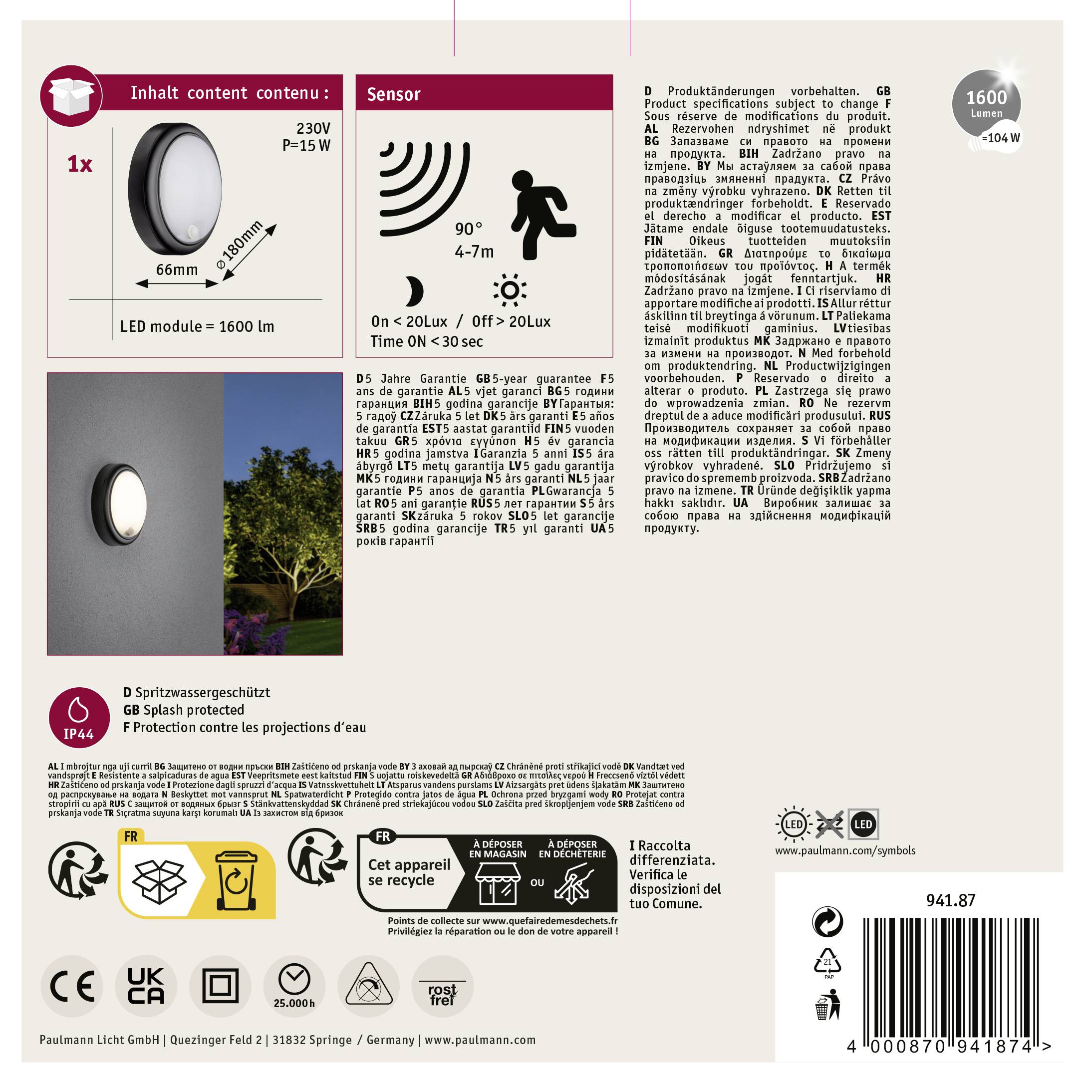 Paulmann 94187 LED-Außenwandleuchte mit Bewegungsmelder 15 W Anthrazit