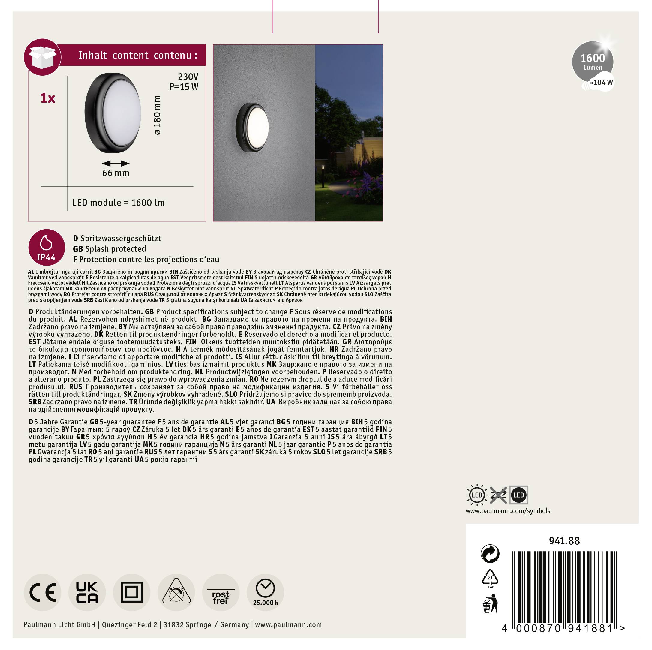 Paulmann 94188 LED-Außenwandleuchte 15W Anthrazit