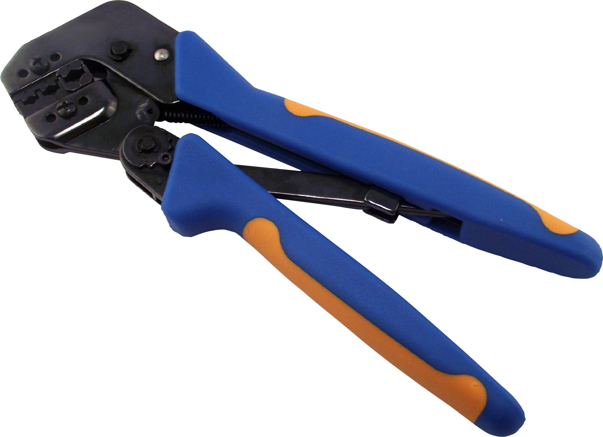 Eine Crimpzange mit blauen und orangefarbenen Griffen, die zum Verbinden von Kabeln und Steckern verwendet wird.