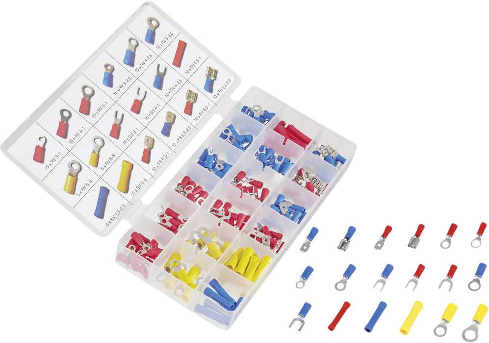 Sortimentskasten mit verschiedenen isolierten Kabelschuhen in Rot, Blau und Gelb. Verschiedene Formen: Ring, Gabel, Flach.