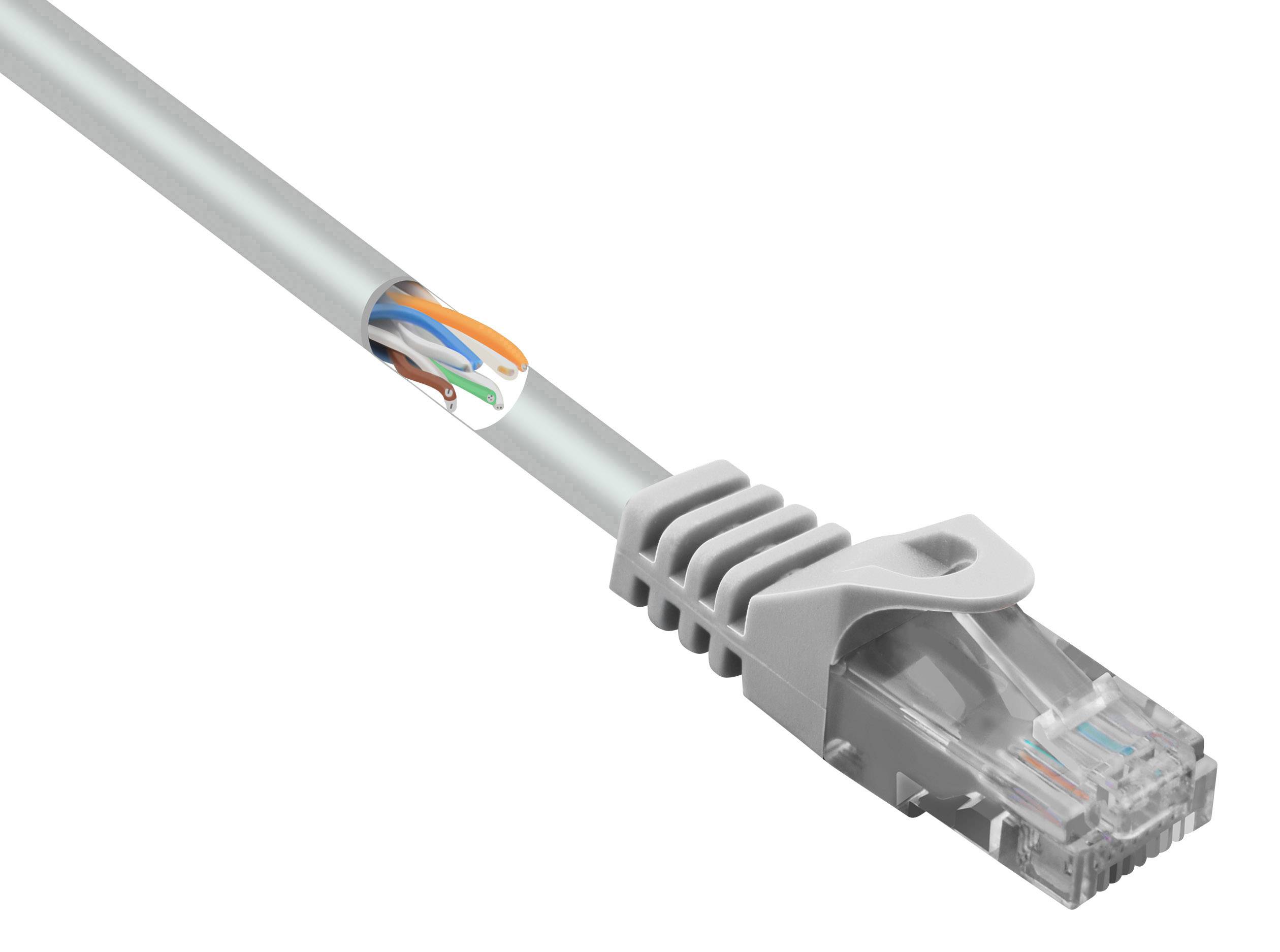 Ein graues Ethernet-Kabel mit RJ45-Stecker und farbiger Kabellegung im Inneren, geeignet für Netzwerkanwendungen.