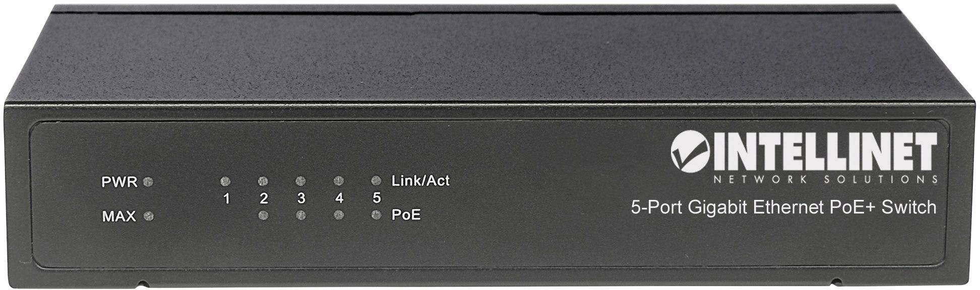 Intellinet 5-Port Gigabit PoE+ Switch 4 x PSE PoE-Ports IEEE 802.3at/af 60 W Desktop Netzwerk Switch RJ45 10 / 100 / 1000 MBit/s IEEE 802.3af
