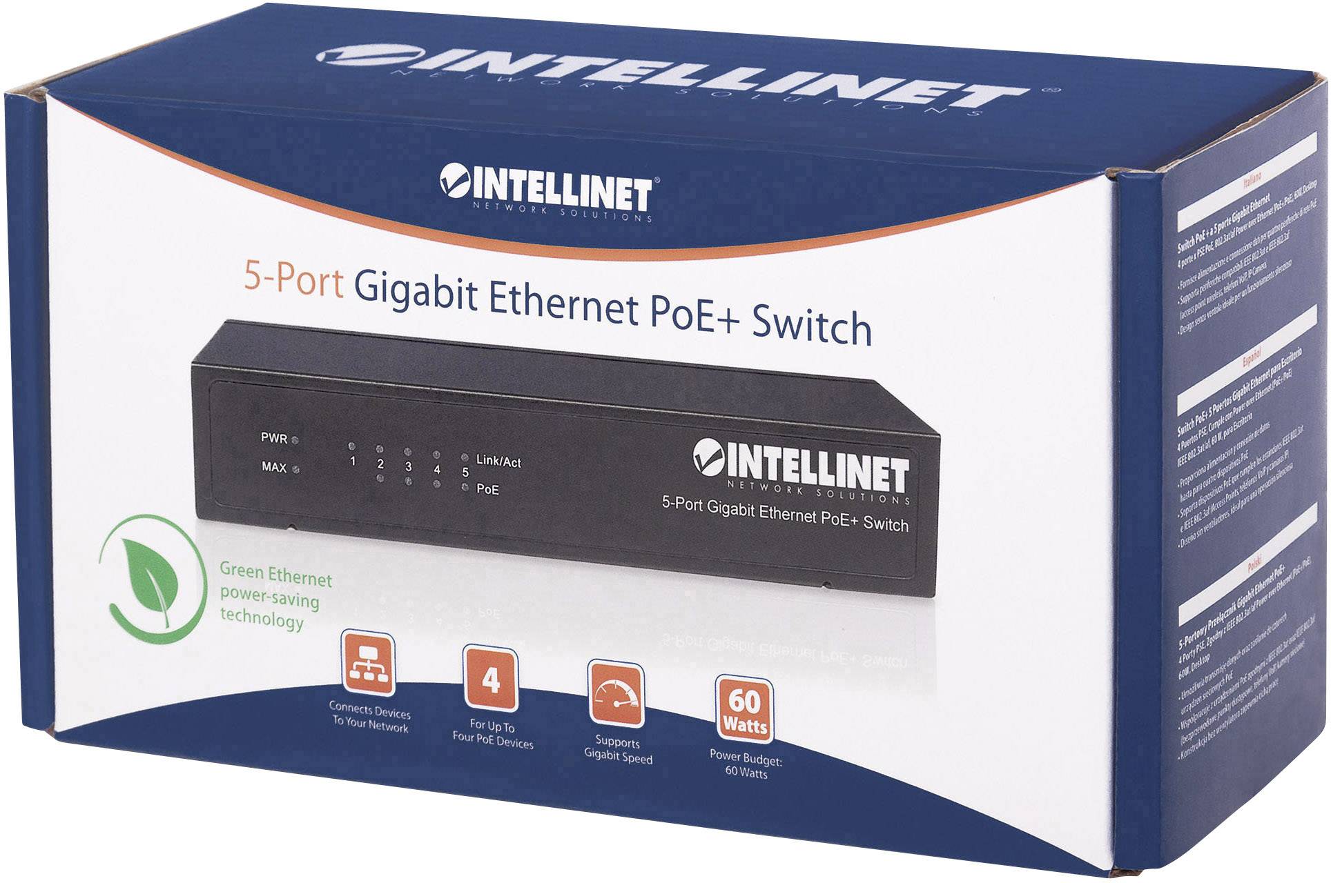 Intellinet 5-Port Gigabit PoE+ Switch 4 x PSE PoE-Ports IEEE 802.3at/af 60 W Desktop Netzwerk Switch RJ45 10 / 100 / 1000 MBit/s IEEE 802.3af