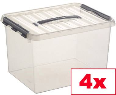 Transparente Aufbewahrungsbox mit schwarzem Griff auf dem Deckel. Im roten Feld unten rechts steht '4x'.