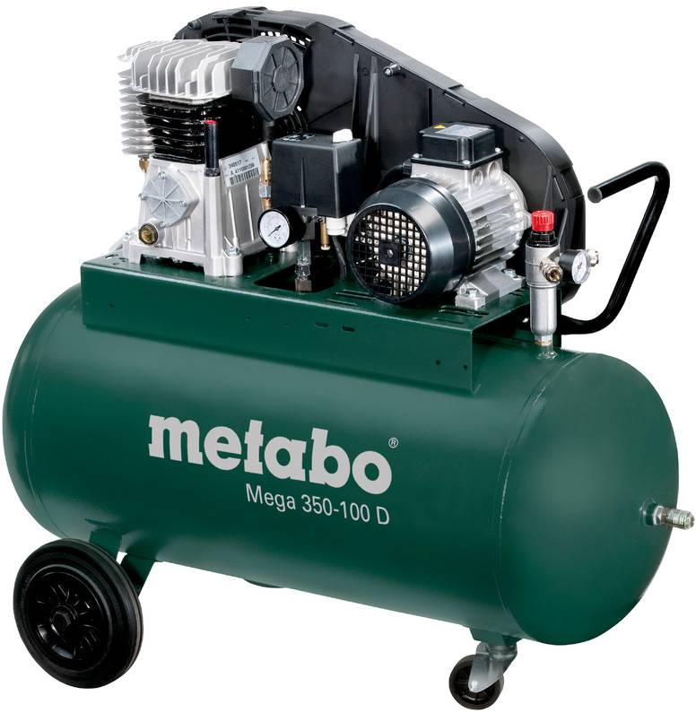 Metabo Mega 350-100 D tragbarer Druckluftkompressor mit grünem Tank, Motor, Manometern und Rädern.