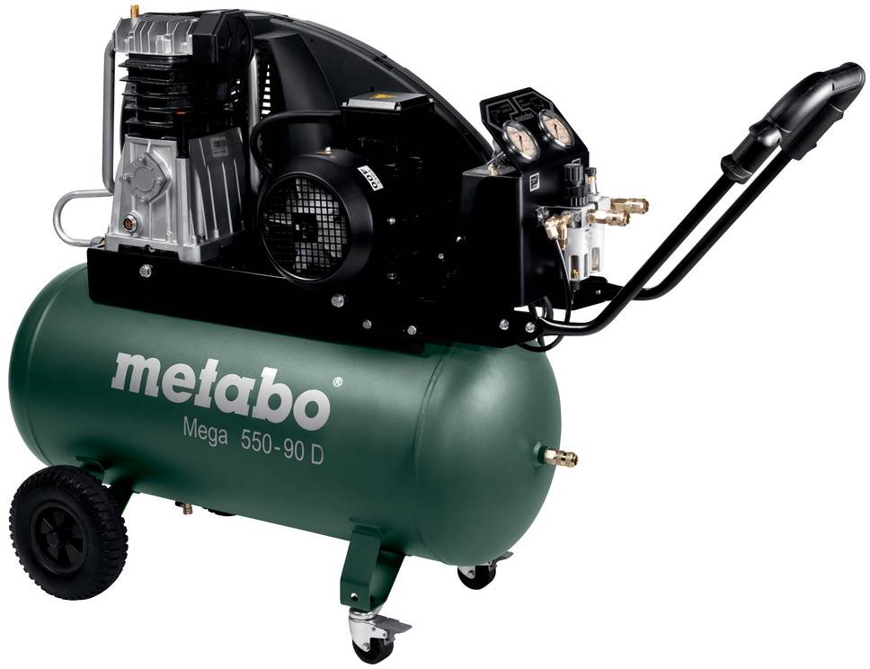 Tragbarer Metabo Luftkompressor mit grünem Tank, schwarzer Motoreinheit, Rädern und Griff auf weißem Hintergrund.