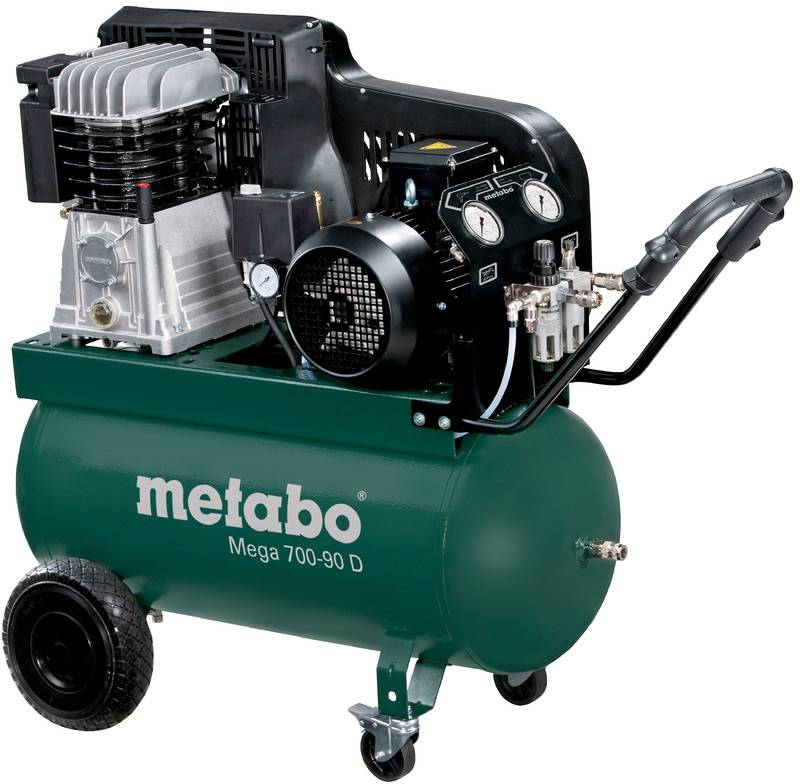 Tragbarer Metabo-Luftkompressor auf einem grünen fahrbaren Tank mit Druckmessern, Motor und Griff.