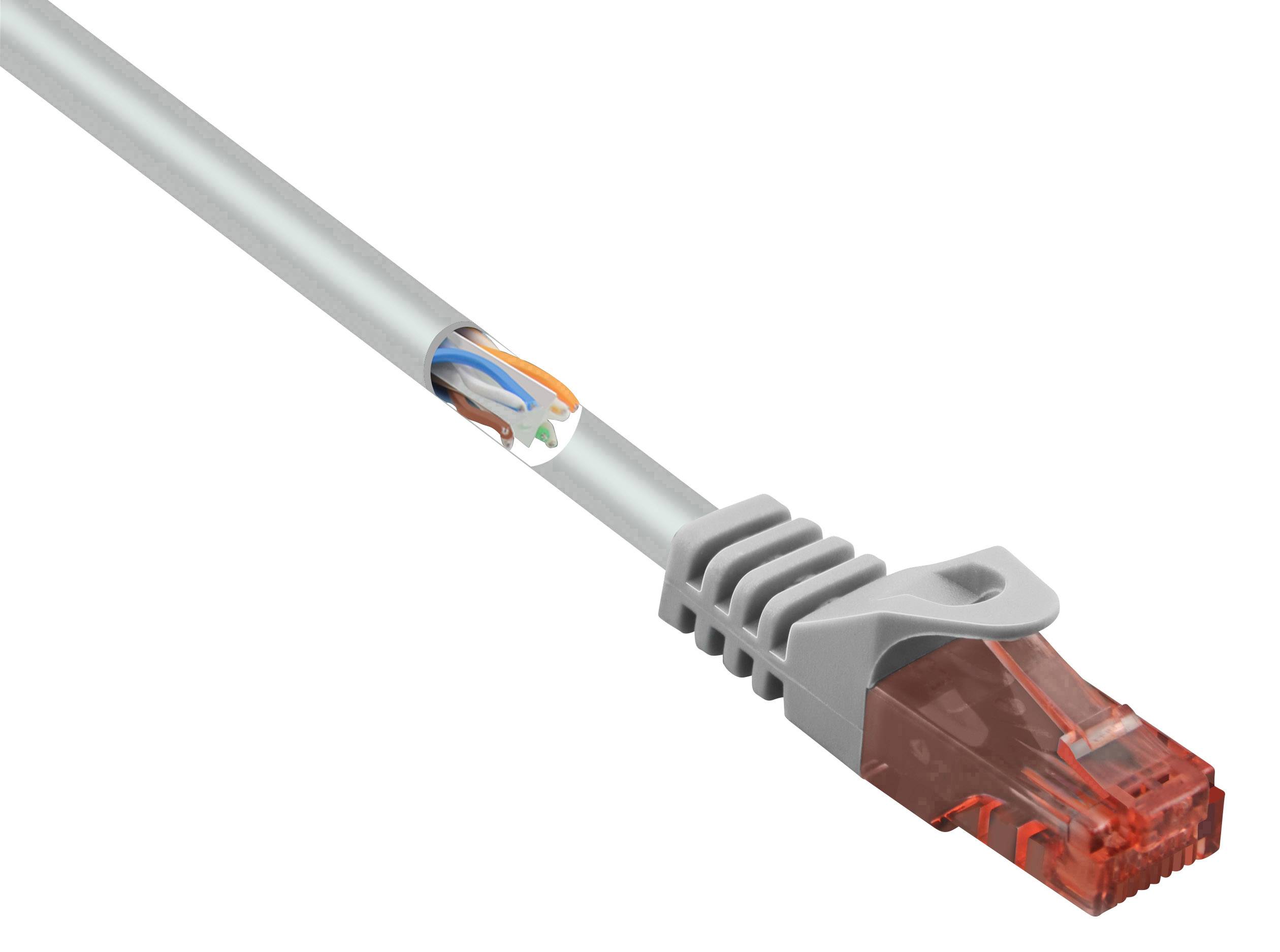 Ein graues Ethernet-Kabel mit einem transparenten, roten RJ45-Stecker, das teilweise geöffnete bunte Drähte zeigt.