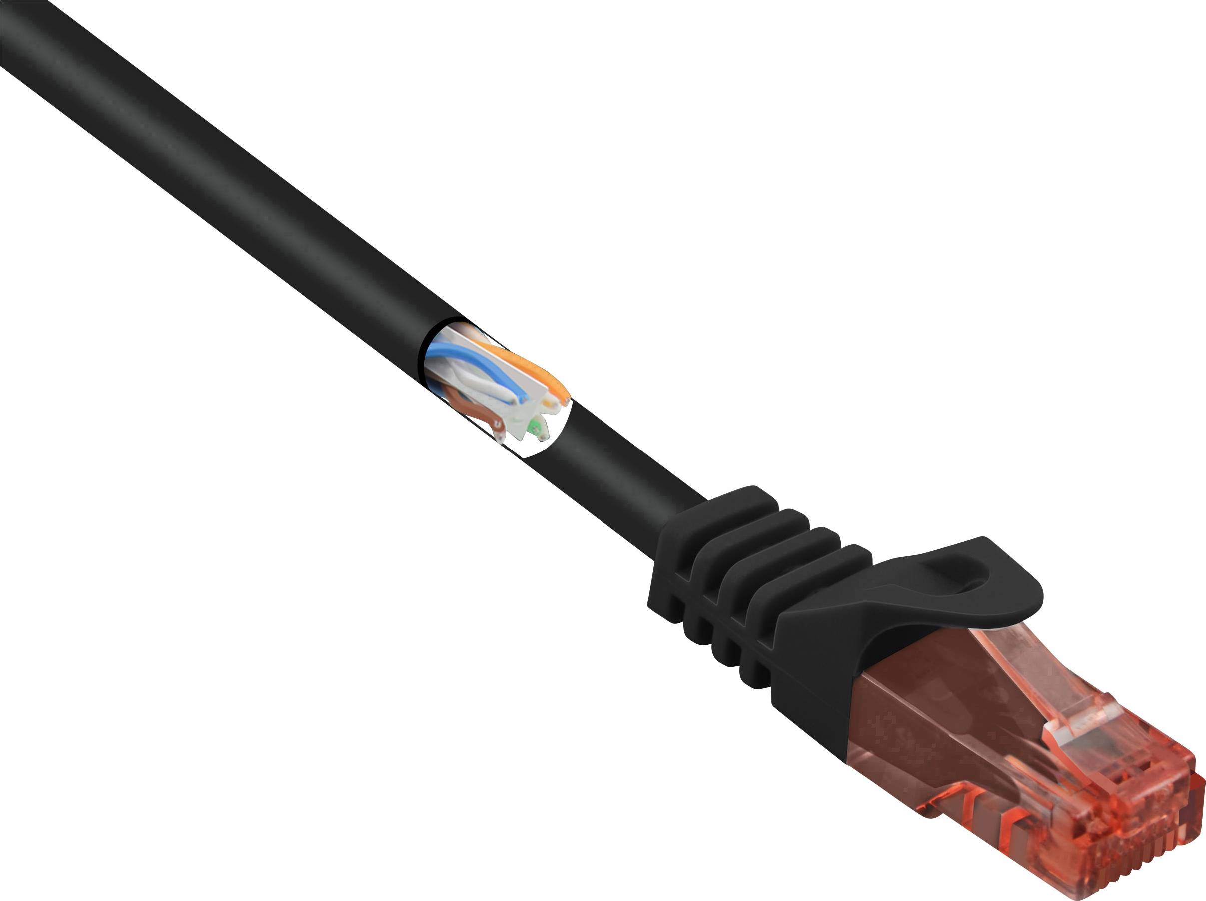 Schwarzes Ethernet-Kabel mit offenem Teil, das bunte Drähte zeigt; rotes RJ45-Steckerende deutet auf funktionale Netzwerkkonnektivität hin.