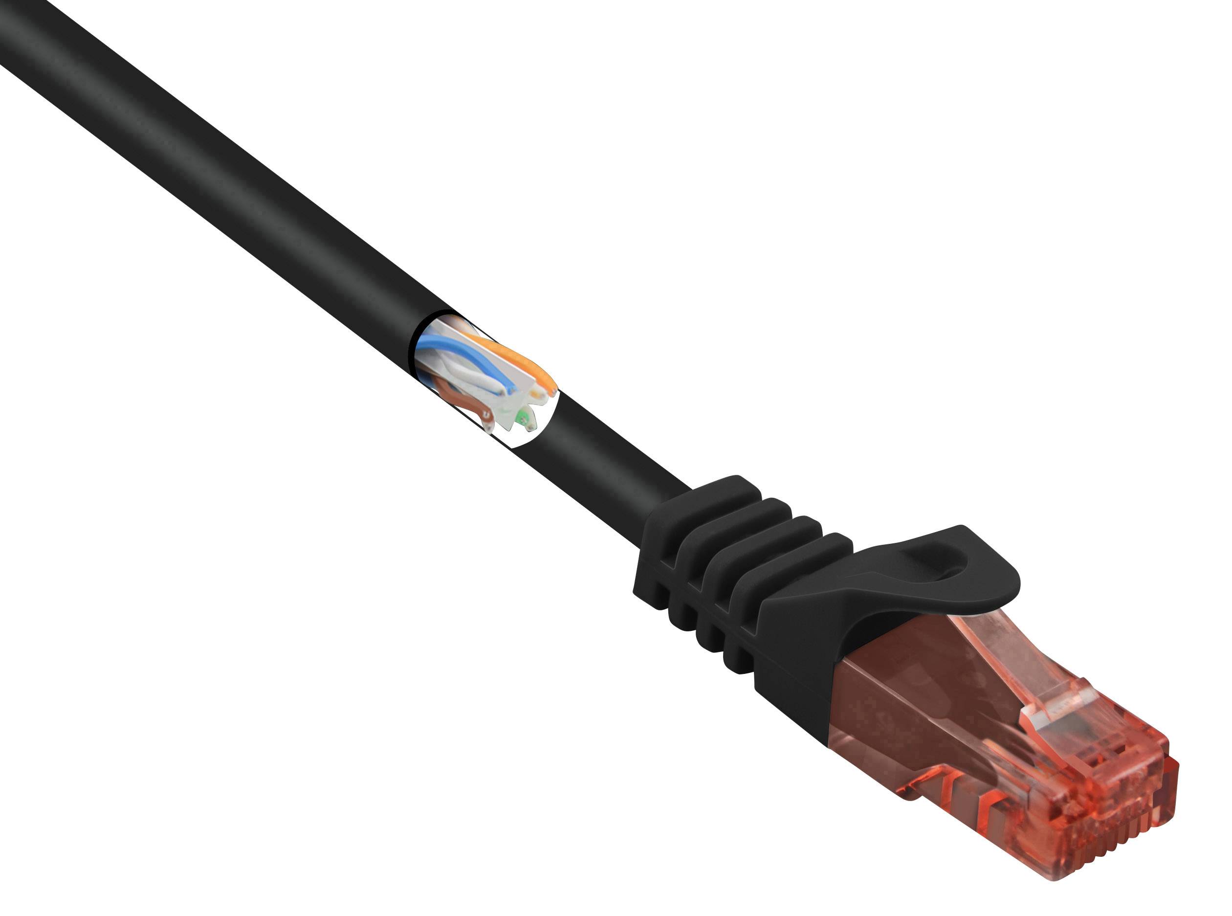 Schwarzes Netzwerkkabel mit durchsichtiger, roter RJ45-Steckerverbindung, sichtbar innenliegende bunte Adern.