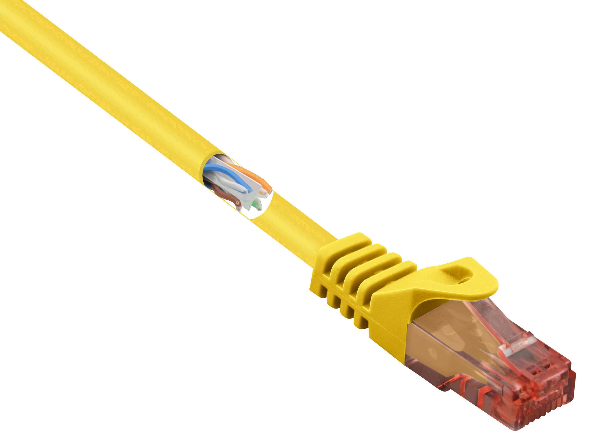 Gelbes Ethernet-Kabel mit einem durchsichtigen roten RJ45-Stecker, teilweise freiliegende Drähte sichtbar.