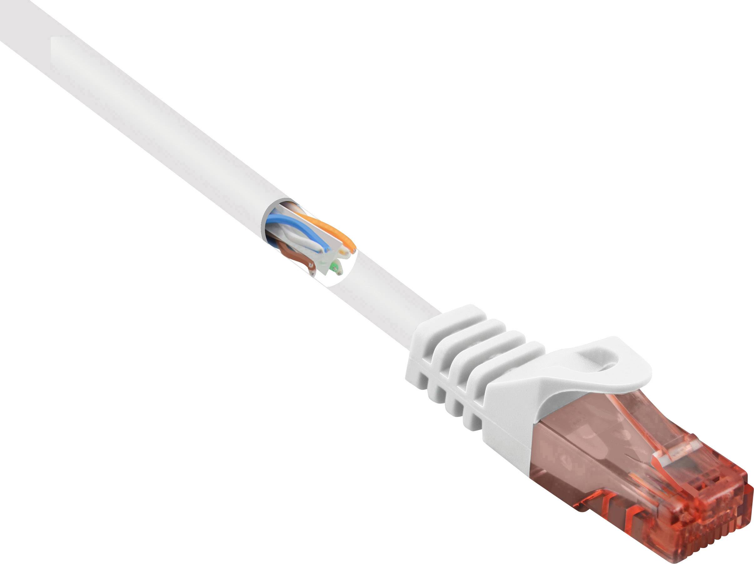 Netzwerkkabel mit einem transparenten roten RJ45-Stecker und sichtbaren Adern, symbolisiert eine Internetverbindung.