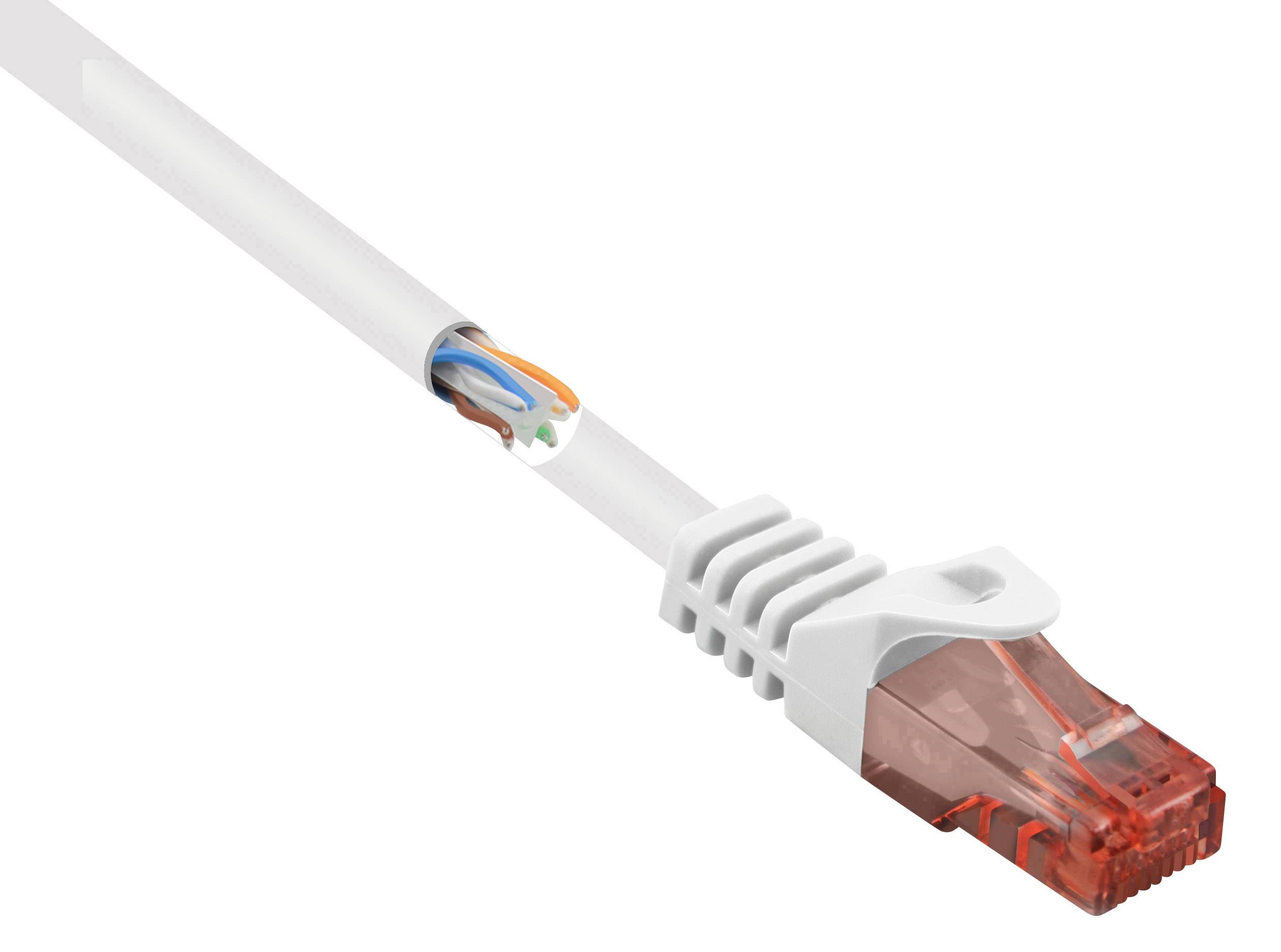 Ein weißes Ethernet-Kabel mit einem transparenten roten Stecker. Einige bunte Drähte sind an der Seite des Kabels sichtbar.