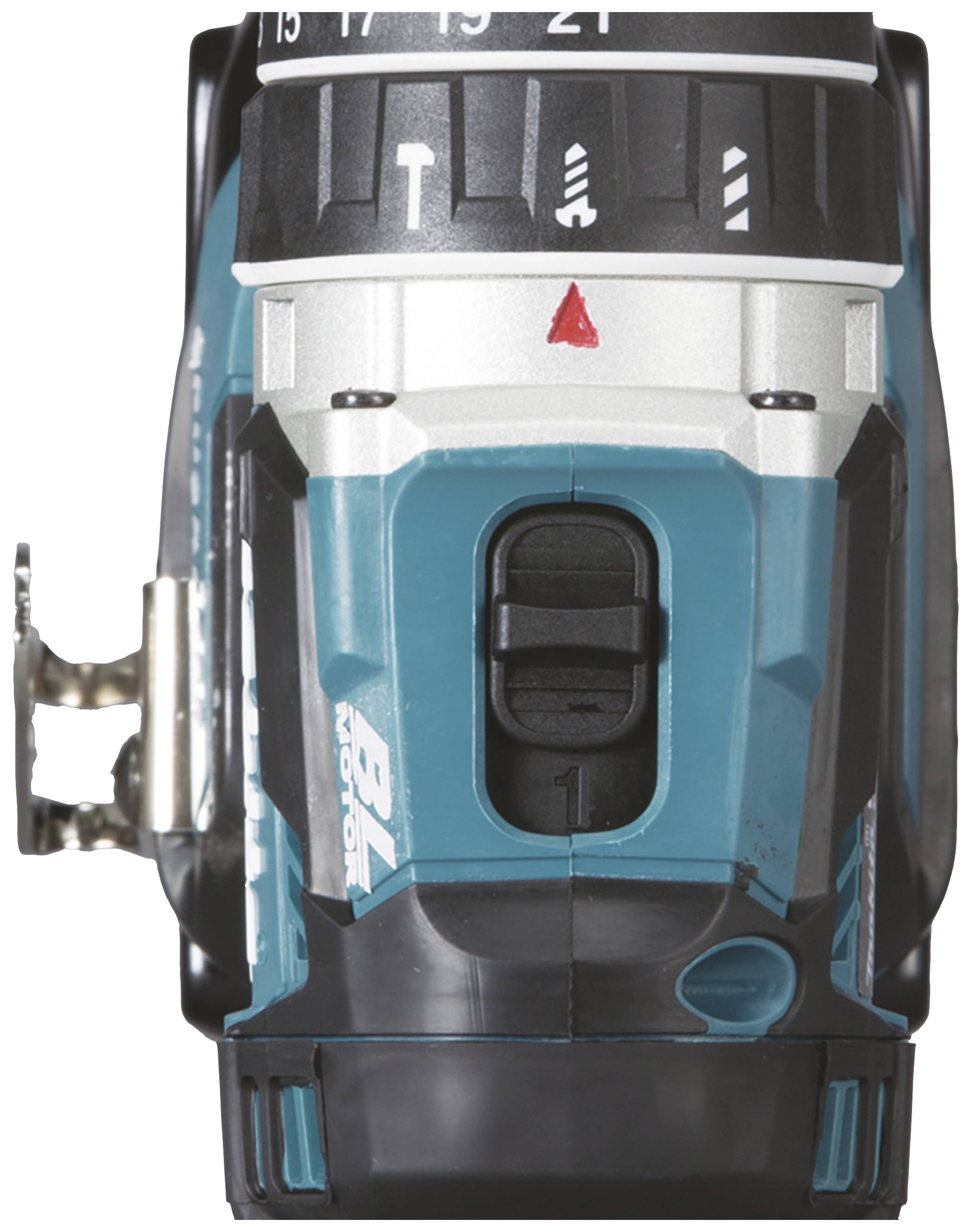 Akkuschrauber, Nahaufnahme des vorderen Teils mit Drehmomenteinstellungen, blauer Körper, Metallhalterung auf der linken Seite.