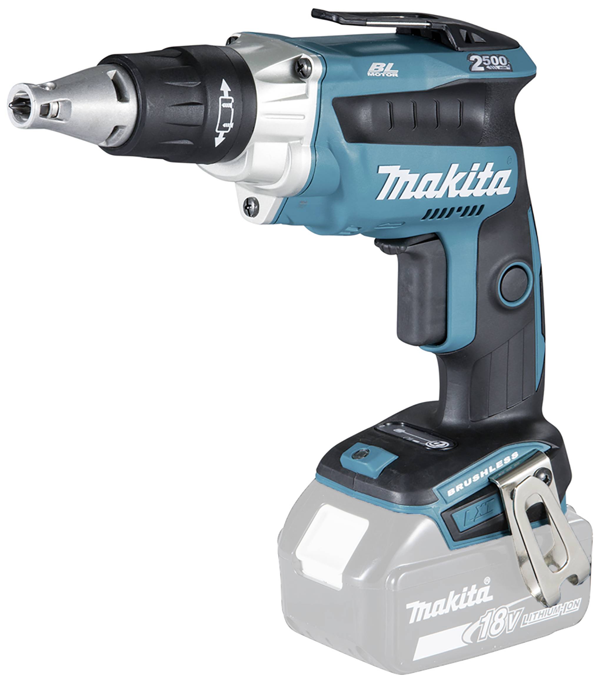 Ein kabelloser Makita-Akkuschrauber, Modell DFR450Z, mit einem blauen und schwarzen Gehäuse. Geeignet für Bau- und Heimwerkerarbeiten.