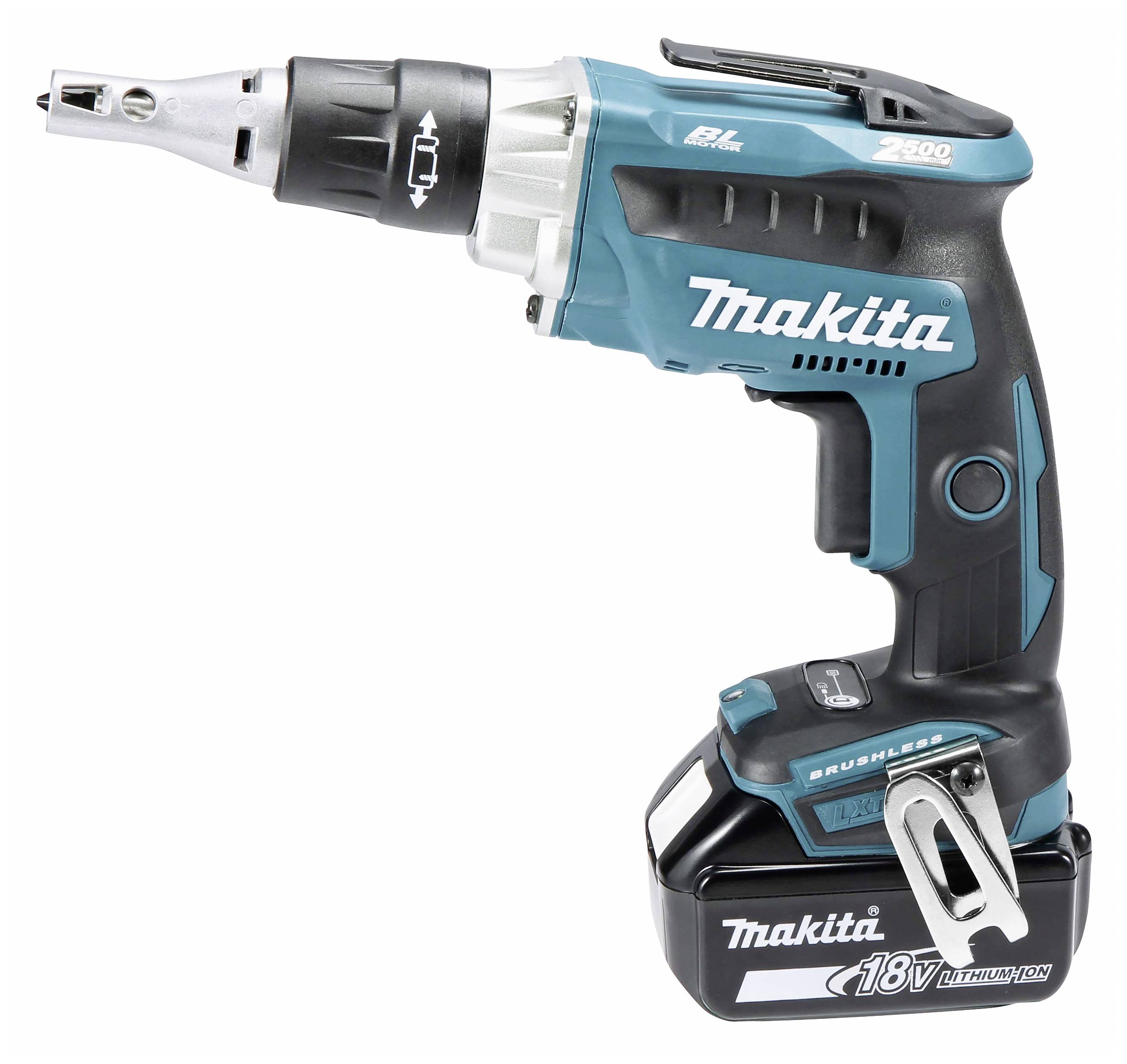 Kabelloser Makita Akkuschrauber mit Lithium-Ionen-Akku, blau-schwarz, für präzises Schrauben und effiziente Nutzung in Bauprojekten.