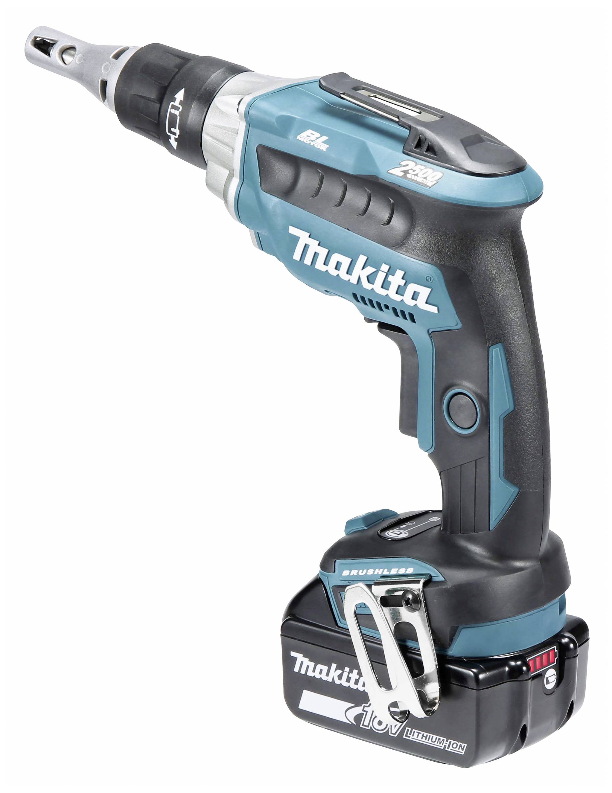 Ein kabelloser, blau-schwarzer Makita Akkuschrauber mit ergonomischem Griff und modernem Design.