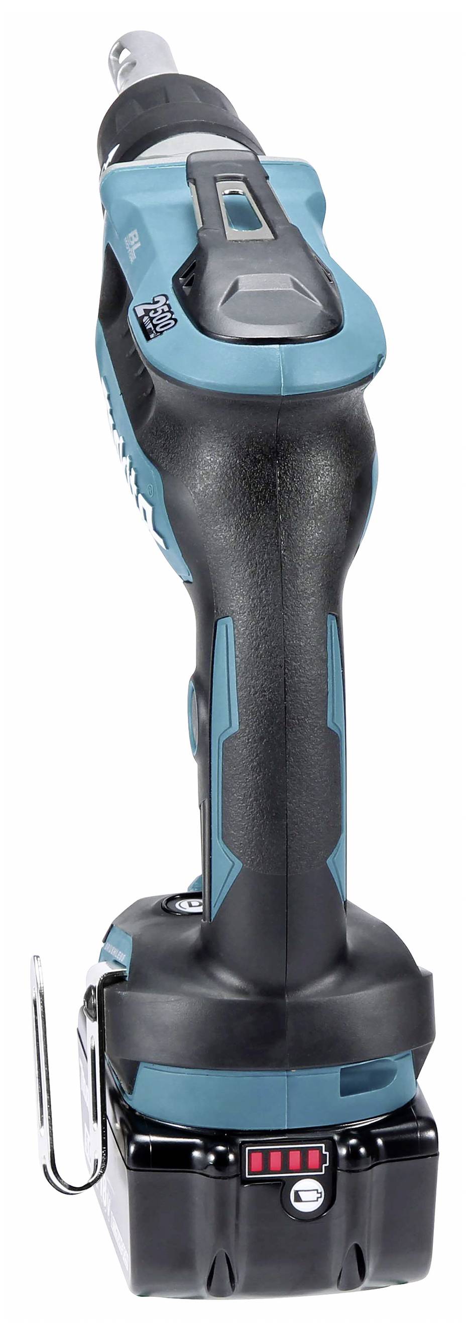 Ein kabelloser Bohrschrauber mit blau-schwarzem Gehäuse, Metallhaken und Akkuanzeige. Geeignet für Bau- und Reparaturarbeiten.