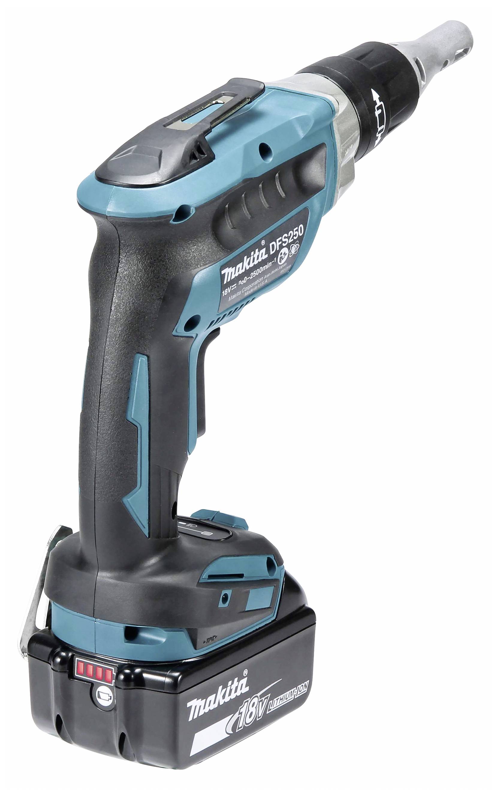 Schnurloser Akkuschrauber in Blau und Schwarz mit ergonomischem Griff und 18V Lithium-Ionen-Akku, geeignet für Schraubarbeiten.