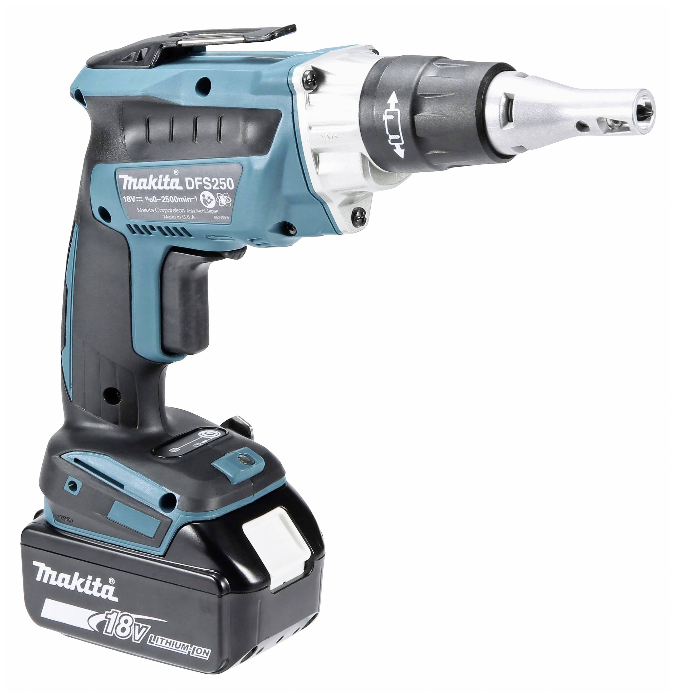 Akkuschrauber in Blau und Schwarz von der Marke Makita, Modell DFS250, mit 18V Lithium-Ionen-Akku, geeignet für Trockenbauarbeiten.