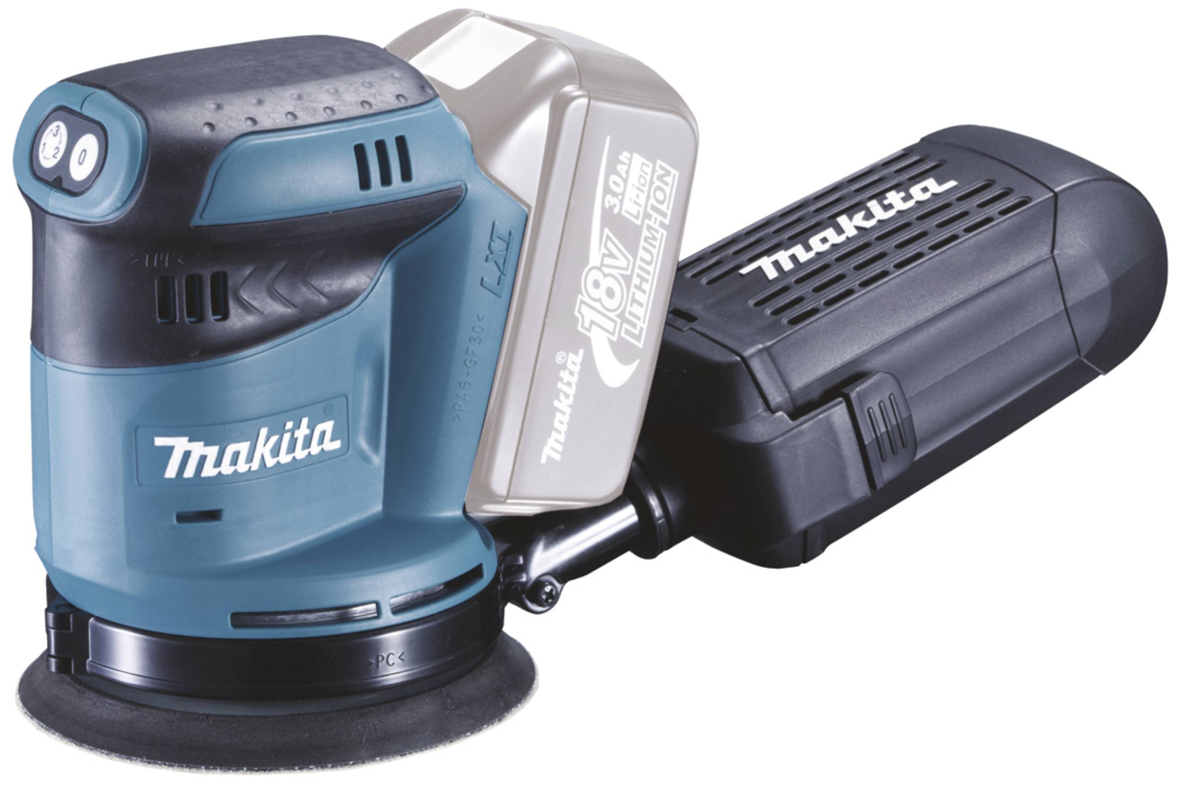 Akku-Exzenterschleifer von Makita, kompakt mit ergonomischem Griff und Staubfangsystem, geeignet für Schleifarbeiten.