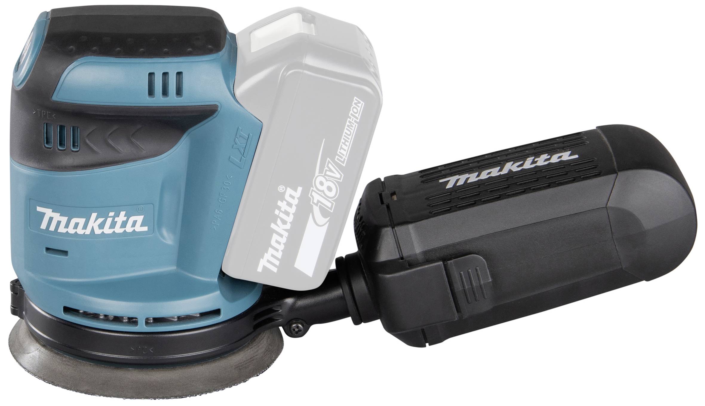 Akku-Exzenterschleifer von Makita, blau-schwarz mit grauem Akku. Gerät hat ergonomisches Design und dient zur Oberflächenbearbeitung.