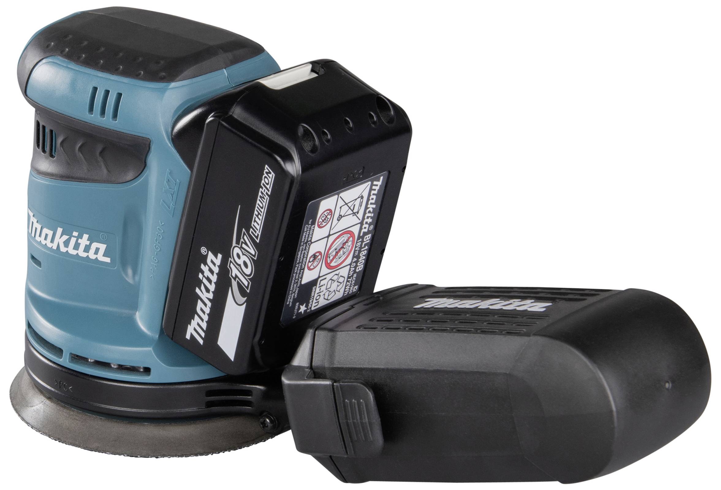 Ein blauer kabelloser Schwingschleifer mit Makita-Logo, 18V Lithium-Ionen-Akku.